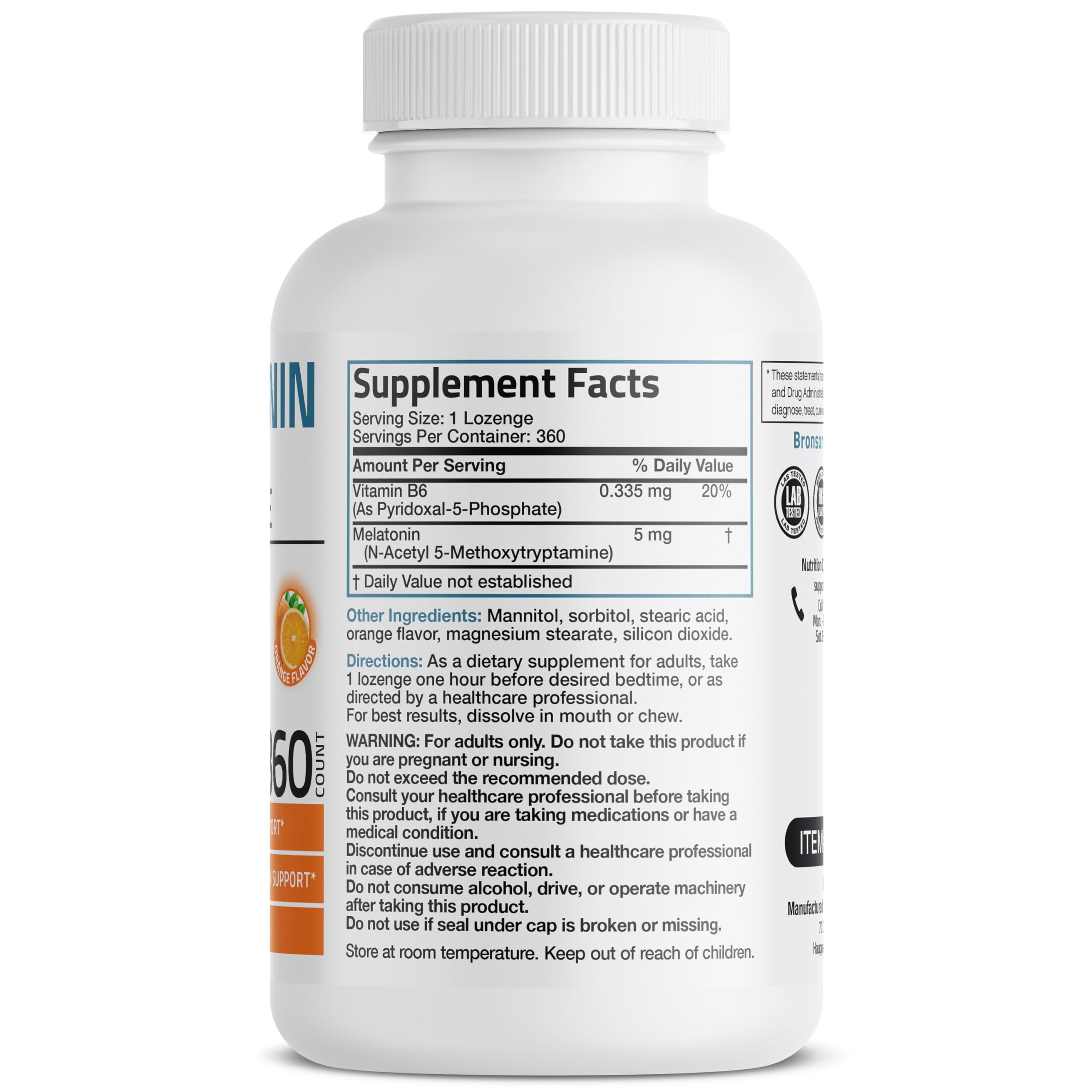 Bronson Melatonina 5 mg, tabletas naranjas, envase visible para dosis diarias.