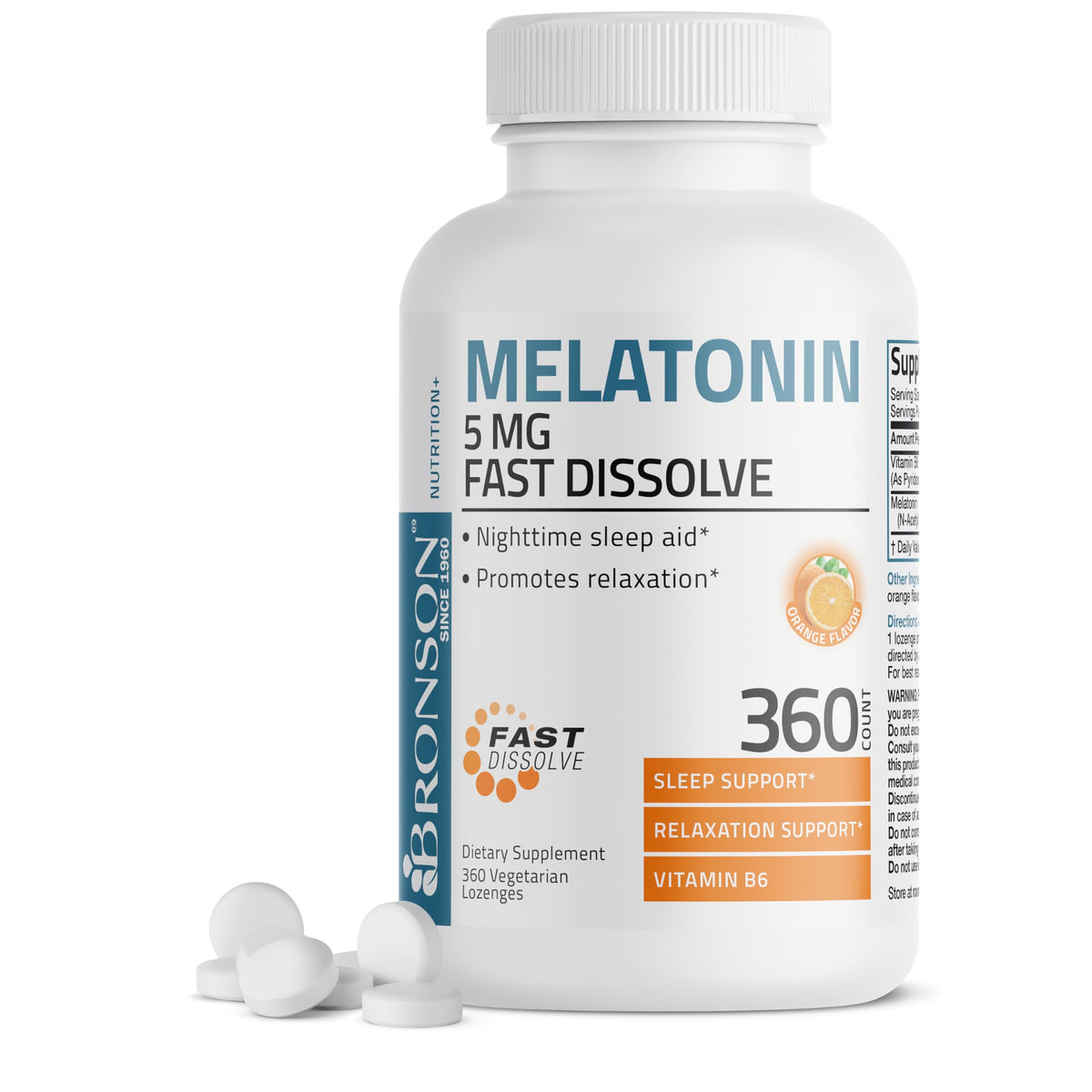 Bronson Melatonina 5 mg, tabletas naranjas frente, promueve un descanso nocturno relajante.