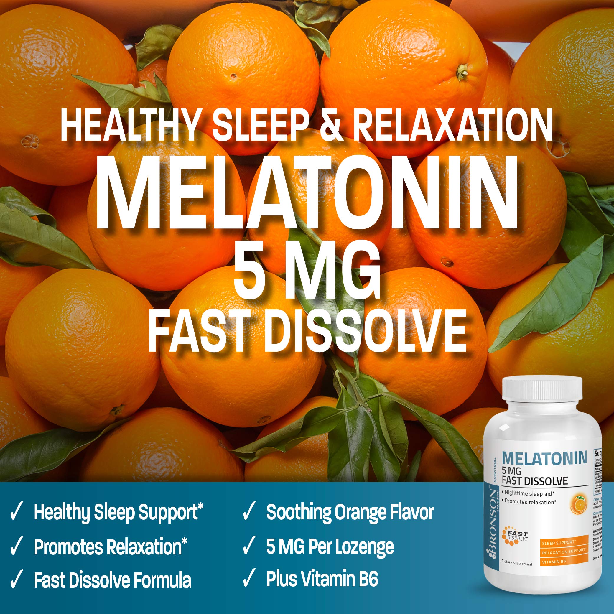 Bronson Melatonina disolución rápida de naranja, toma fácil para noches tranquilas.