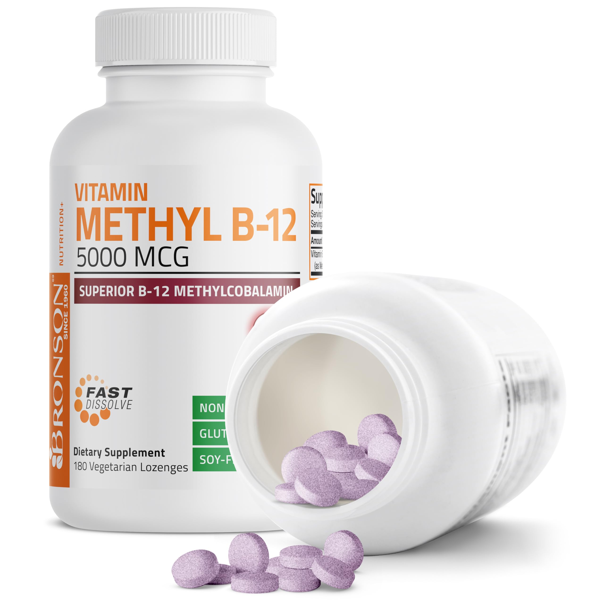 Bronson Methyl B12 5000 mcg: etiqueta no-GMO y control de calidad.