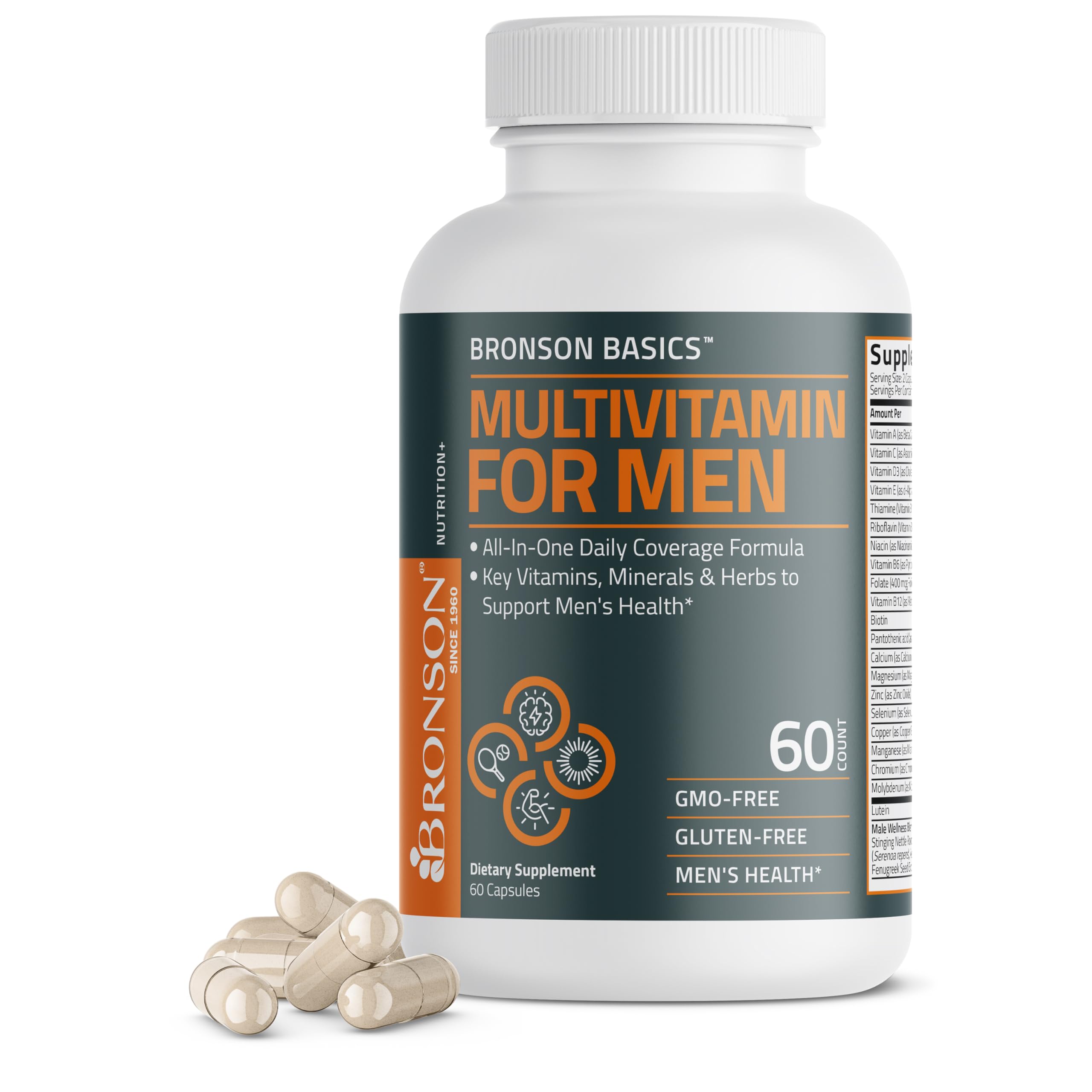 Bronson Multivitamin en botella con cápsulas para energía diaria masculina.