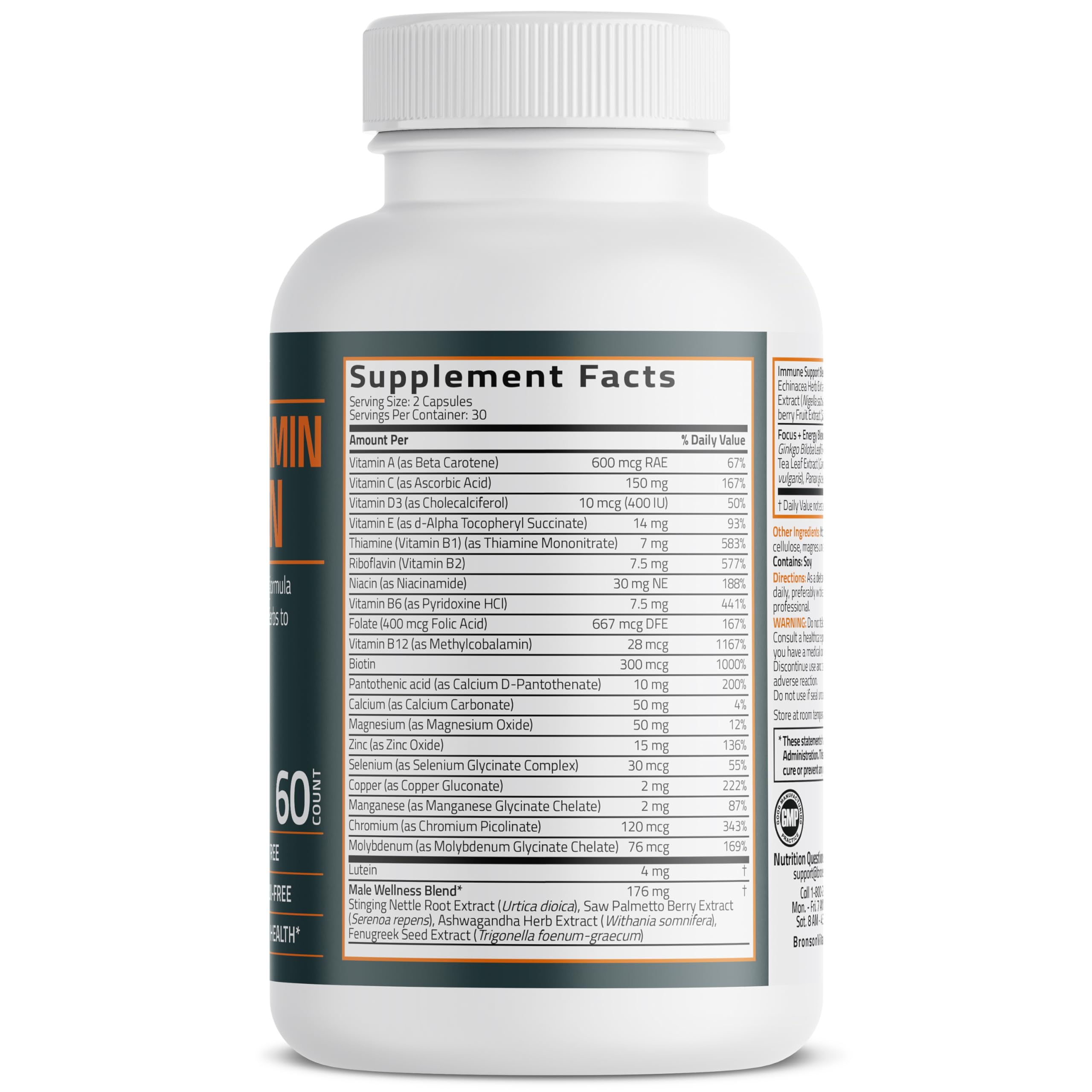 Bronson Multivitamin etiqueta frontal, fácil identificación para uso diario.