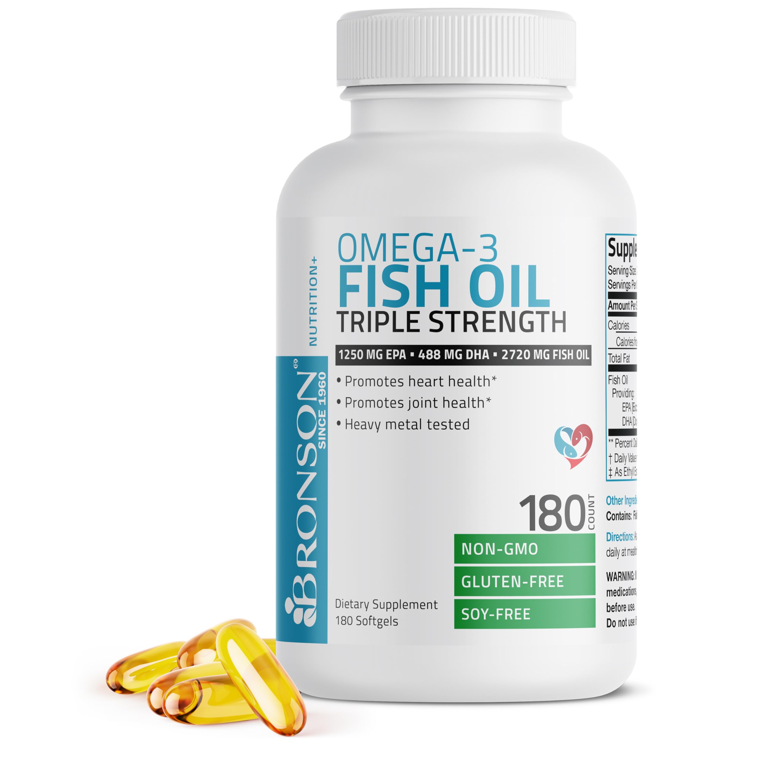 Bronson Omega 3: etiqueta nutricional con EPA y DHA.