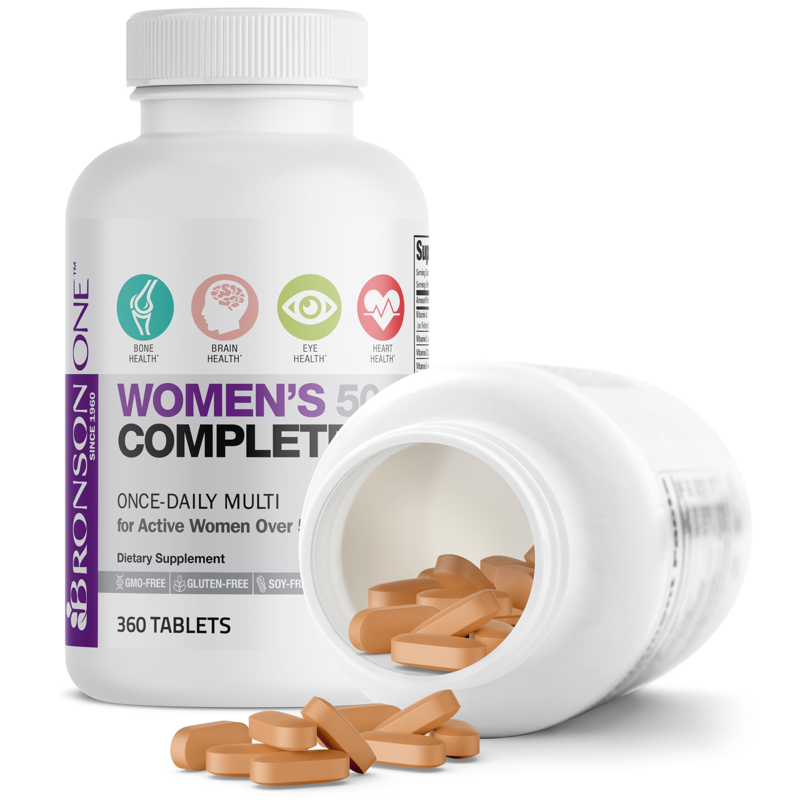 Bronson One Daily Multivitamin: etiqueta frontal resalta beneficios para mujeres 50+.