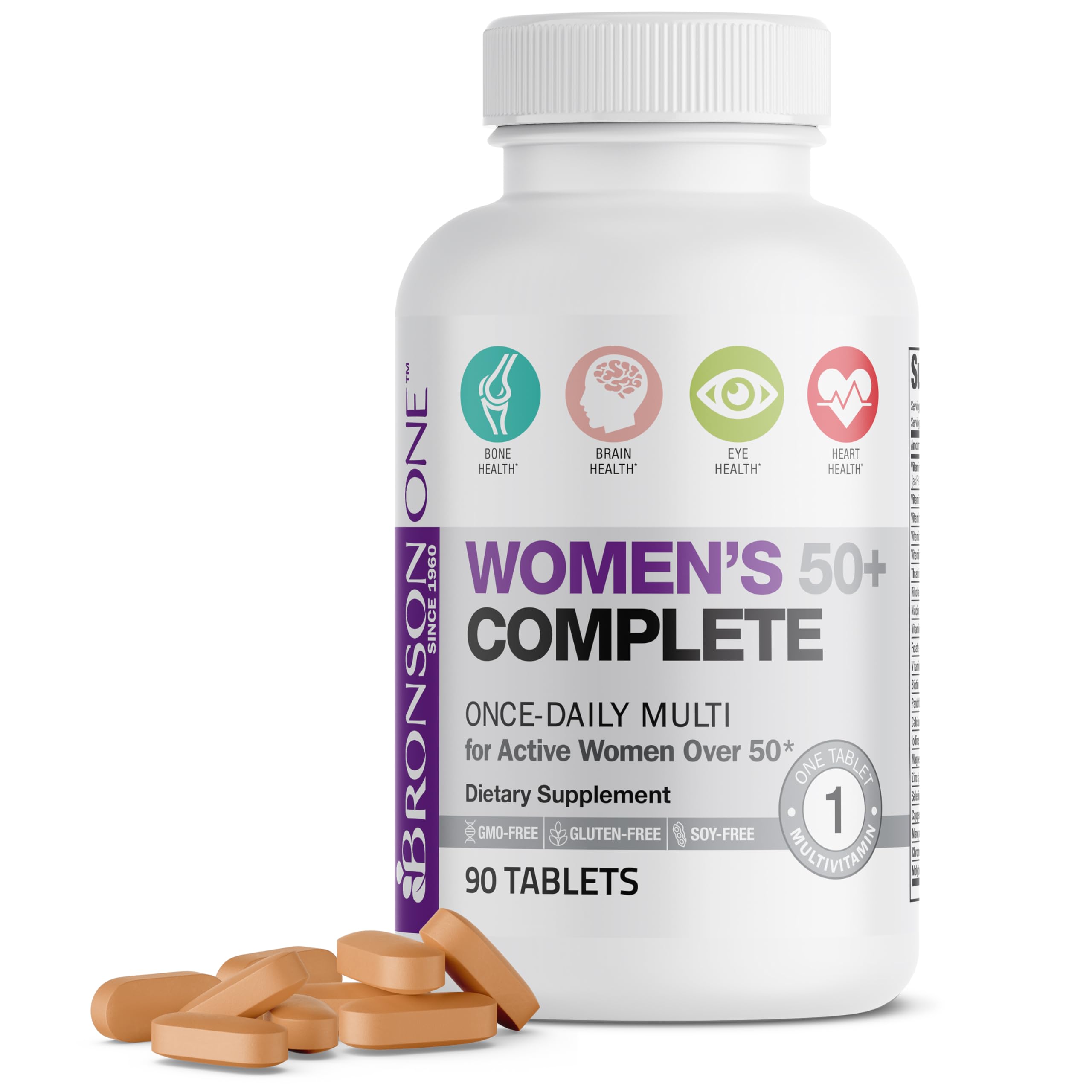 Bronson ONE Daily para mujeres 50+ con tabletas, apoyo al bienestar diario.