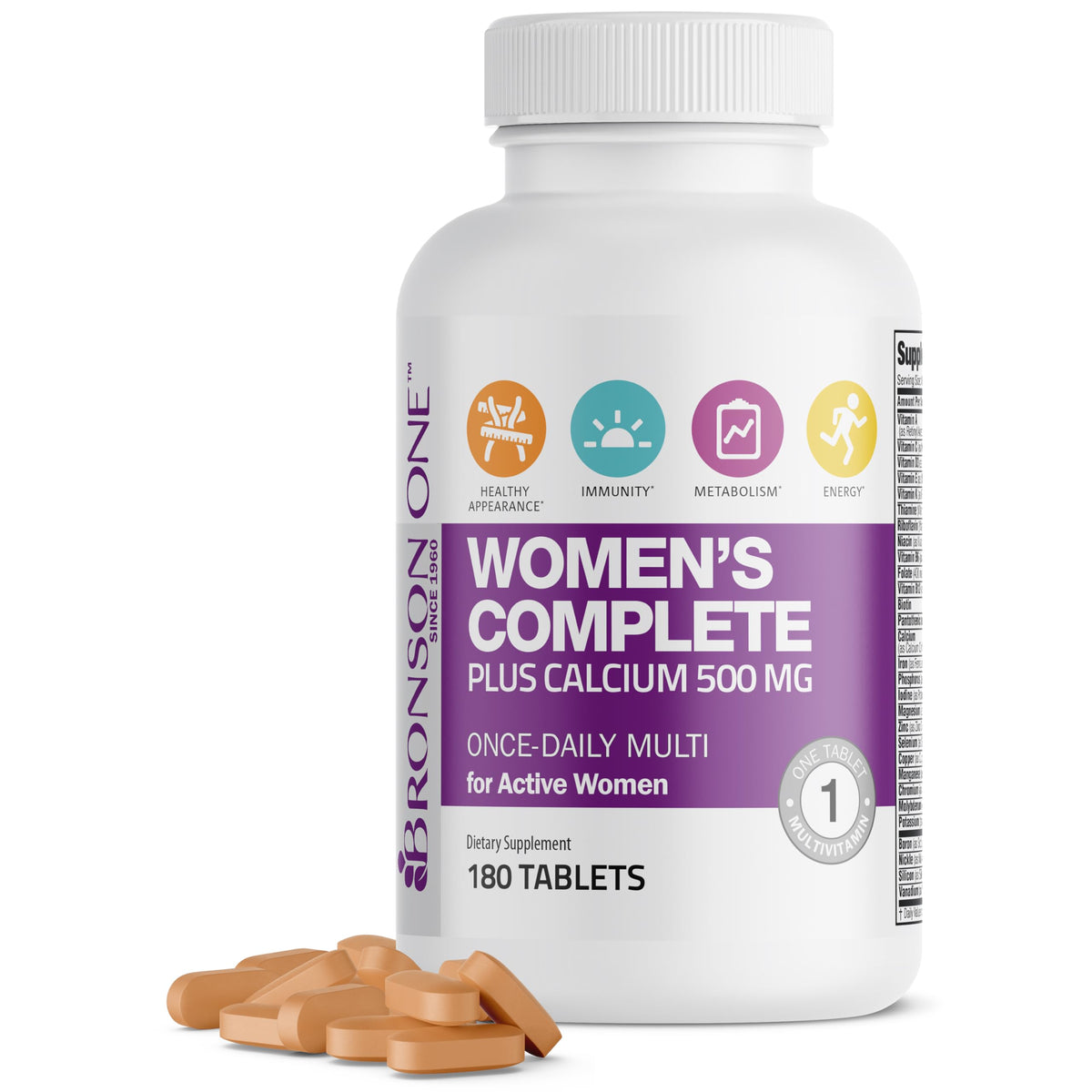Bronson One: botella de tabletas para mujeres activas, uso diario.