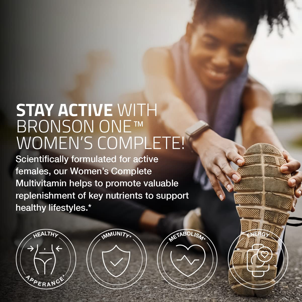 Etiqueta de Bronson One con vitaminas para mujeres.