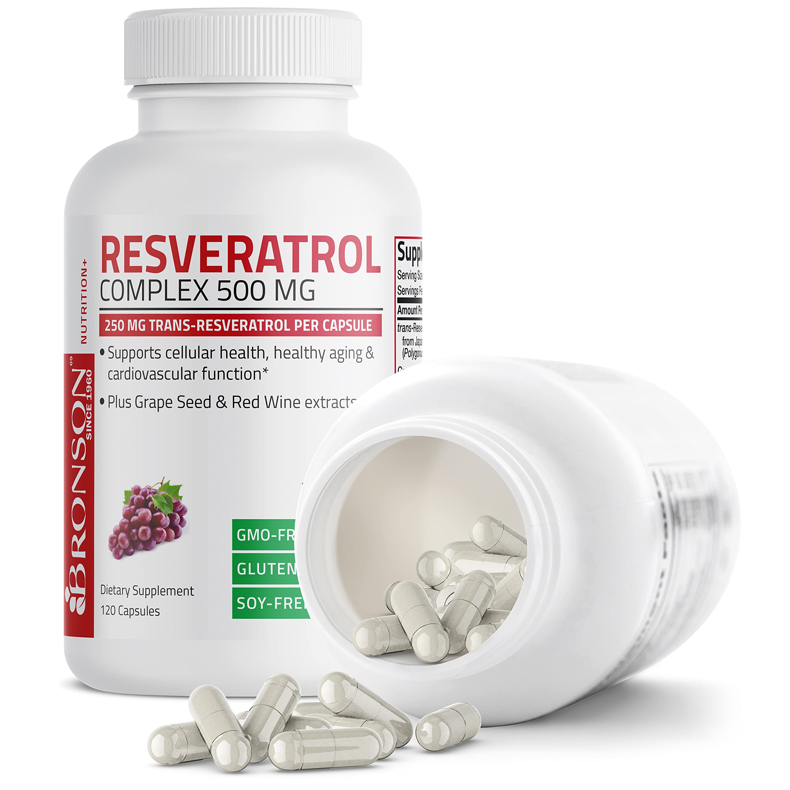 Bronson Resveratrol 500, botella con etiqueta legible y dosis recomendada
