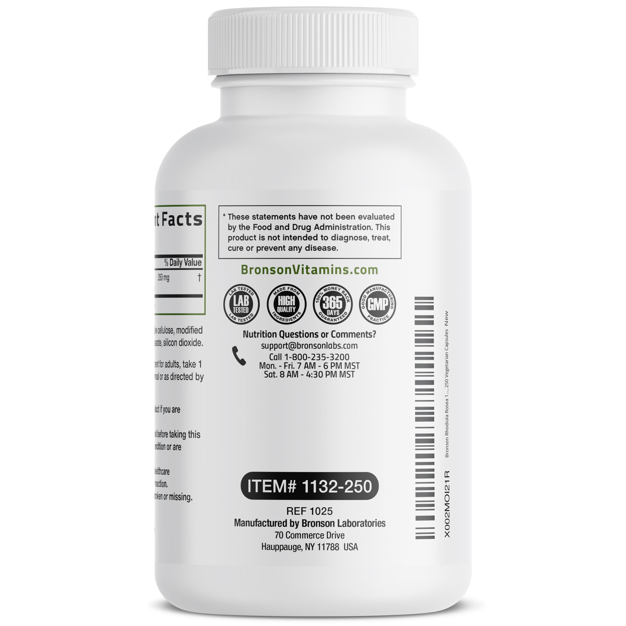 Etiqueta de Bronson Rhodiola Rosea con información clara, libre de OGM, gluten y soja.