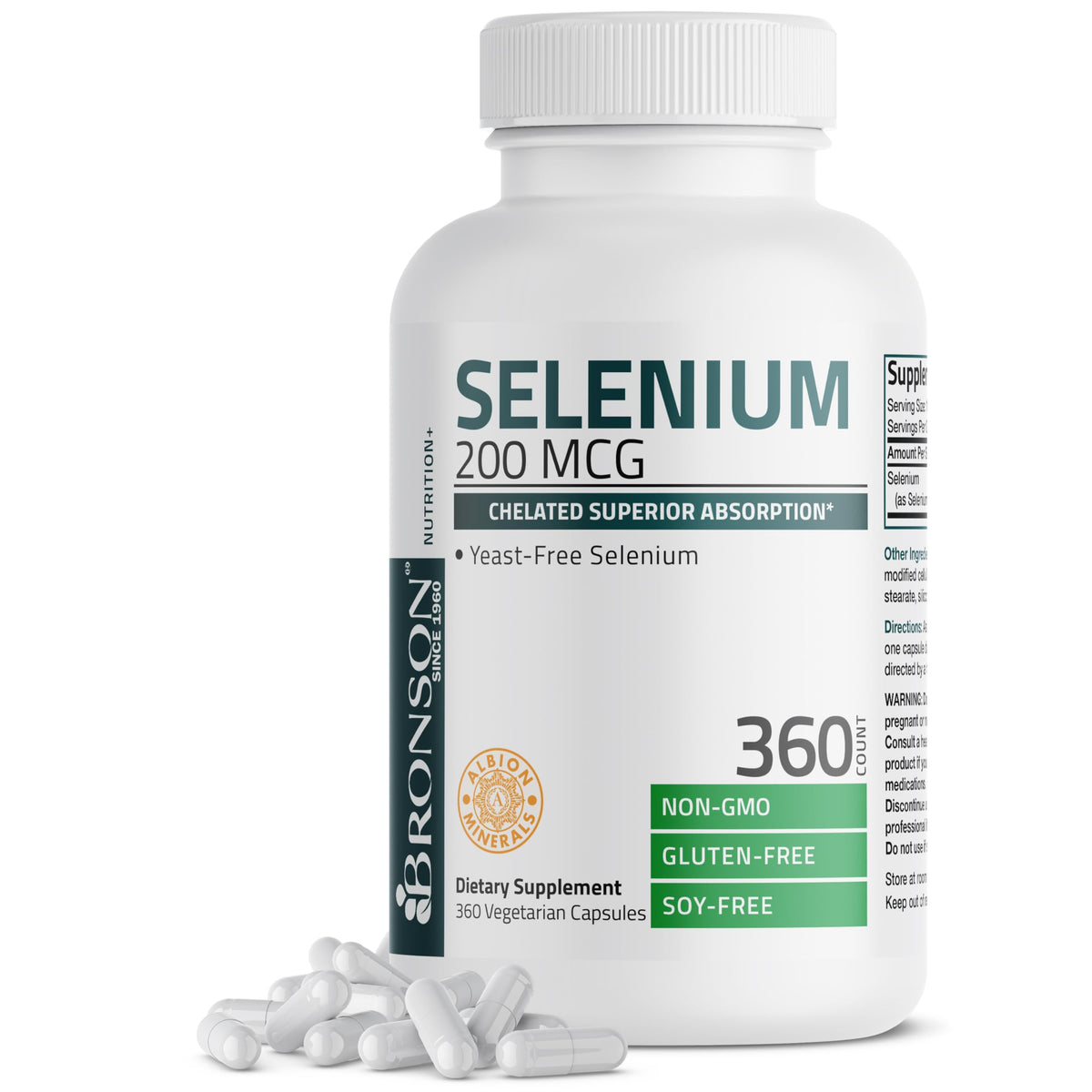 Bronson Selenium 200 mcg, botella de cápsulas, soporte al sistema inmune y metabolismo.