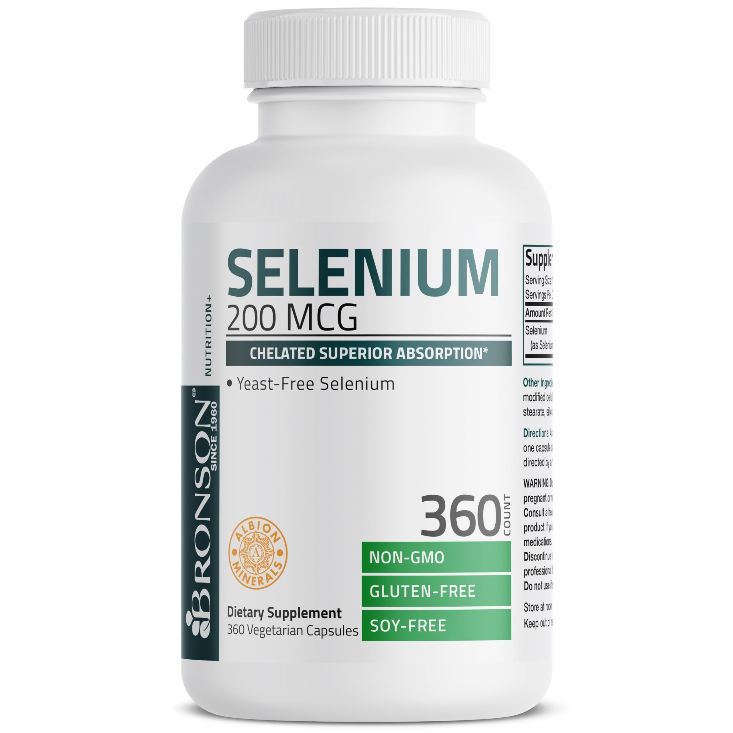 Bronson Selenium 200 mcg, empaque exterior, producto sin gluten ni levadura ni soja.