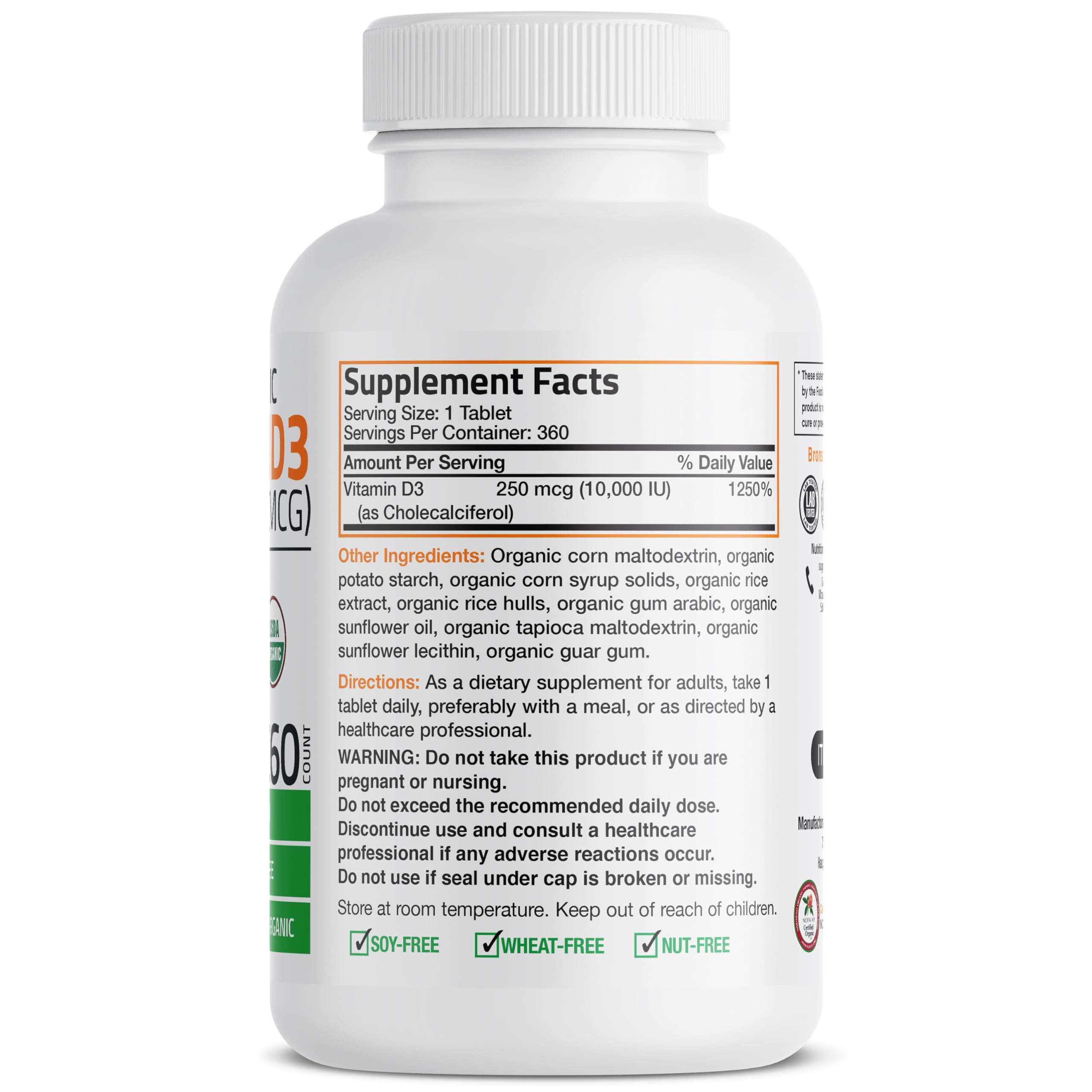 Bronson Vitamina D3 10000UI - etiqueta orgánica: origen certificado.