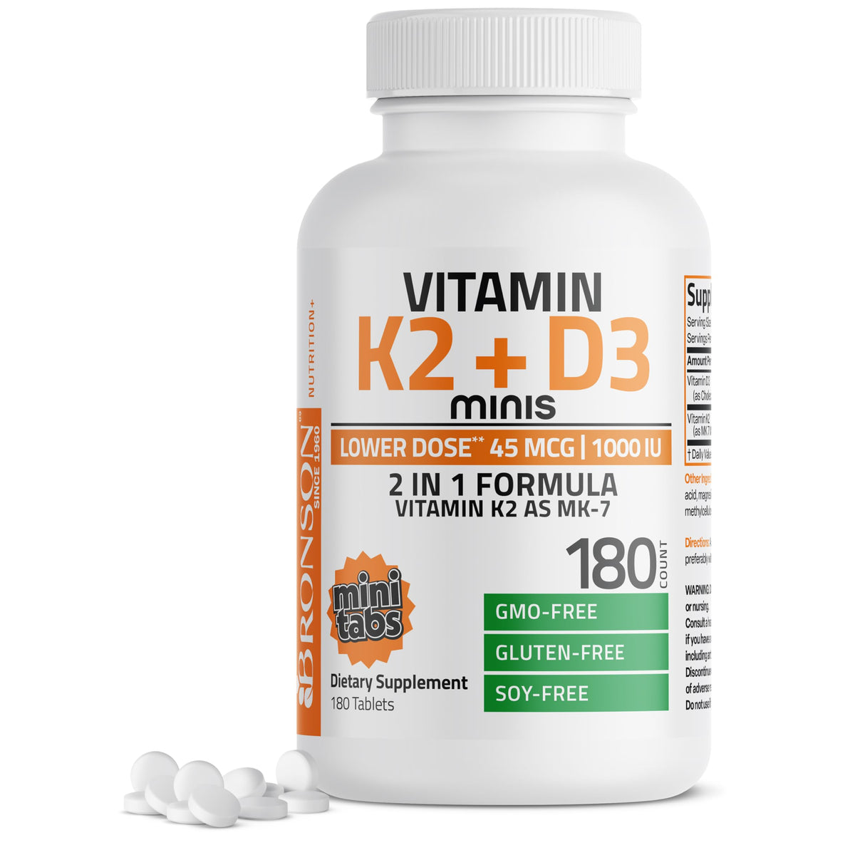 Bronson Vitamina K2 MK7 con D3 Minis en bote, ideal para mantenimiento diario.
