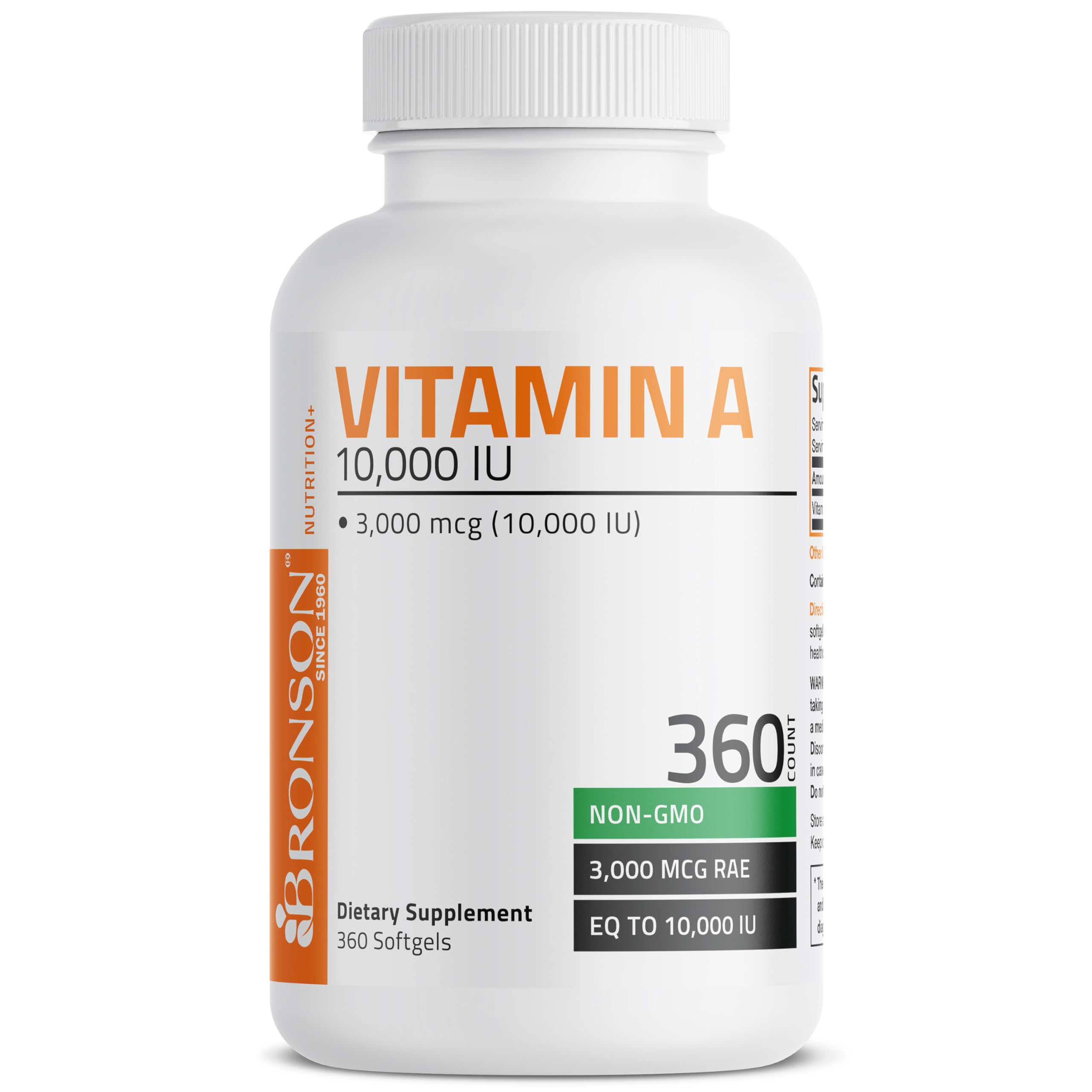 Bronson Vitamina A 10,000 UI, detalle de cápsula, textura suave para consumo.