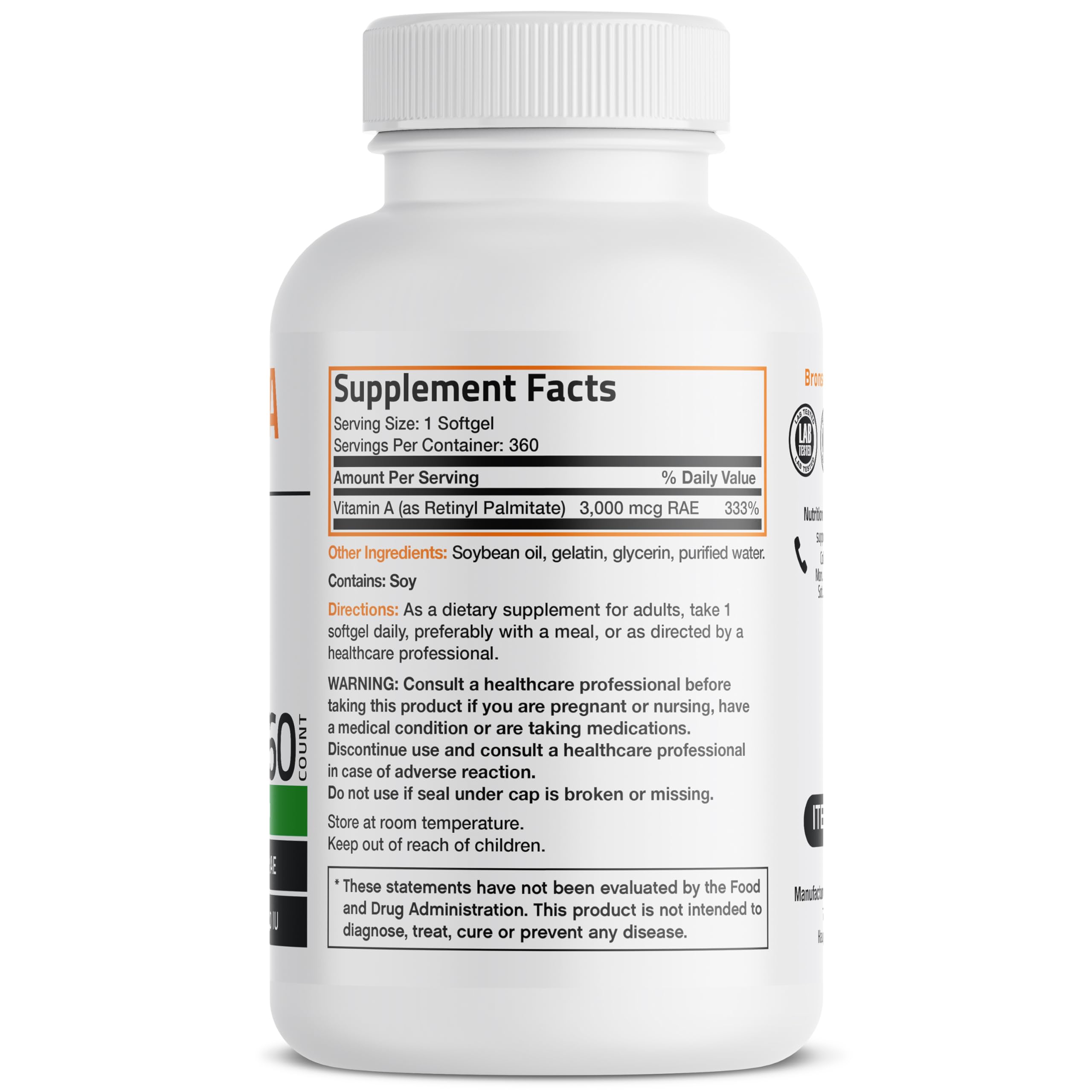Bronson Vitamina A 10,000 UI, etiqueta de caja, garantía NO-OGM.
