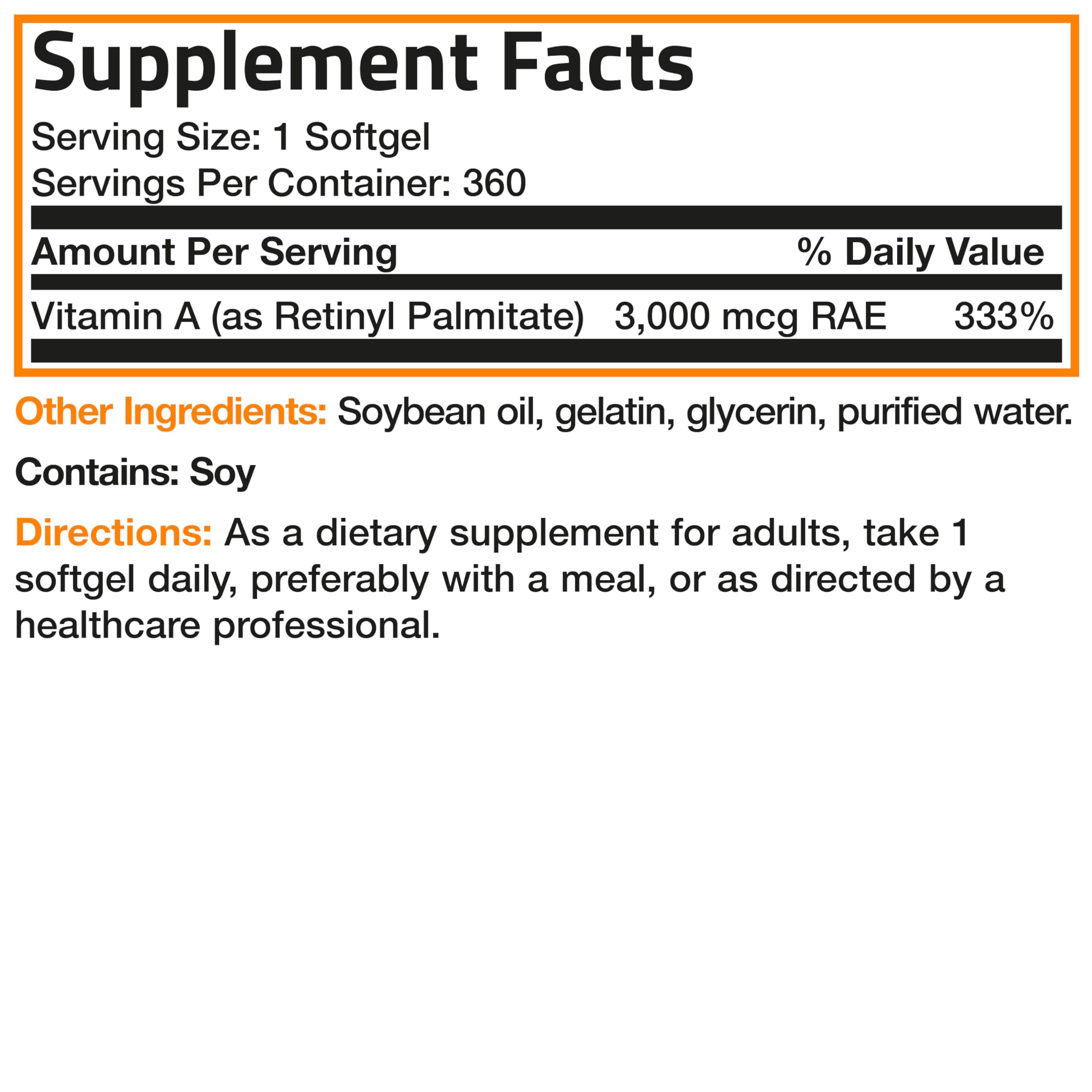 Bronson Vitamina A 10,000 UI, información nutricional y uso diario recomendado.