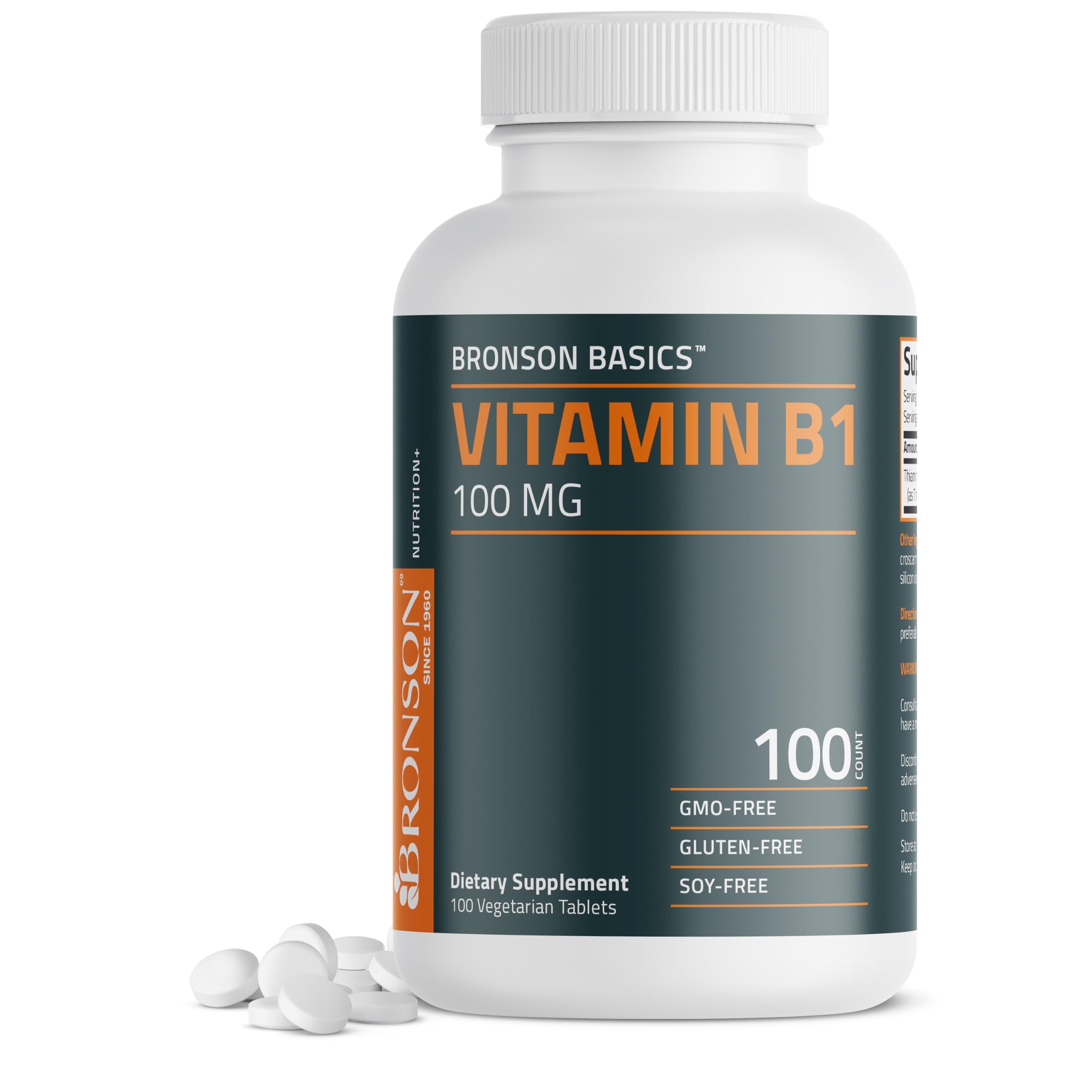 Bronson Vitamina B1 100 mg en botella para uso diario.