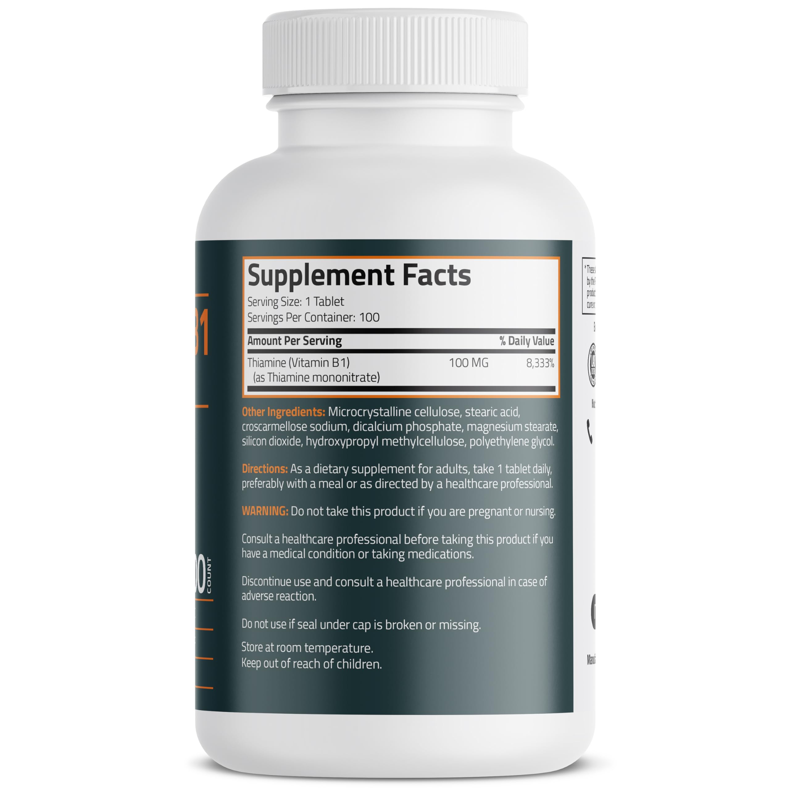 Etiqueta clara de Bronson Vitamina B1 100 mg facilita la dosis.