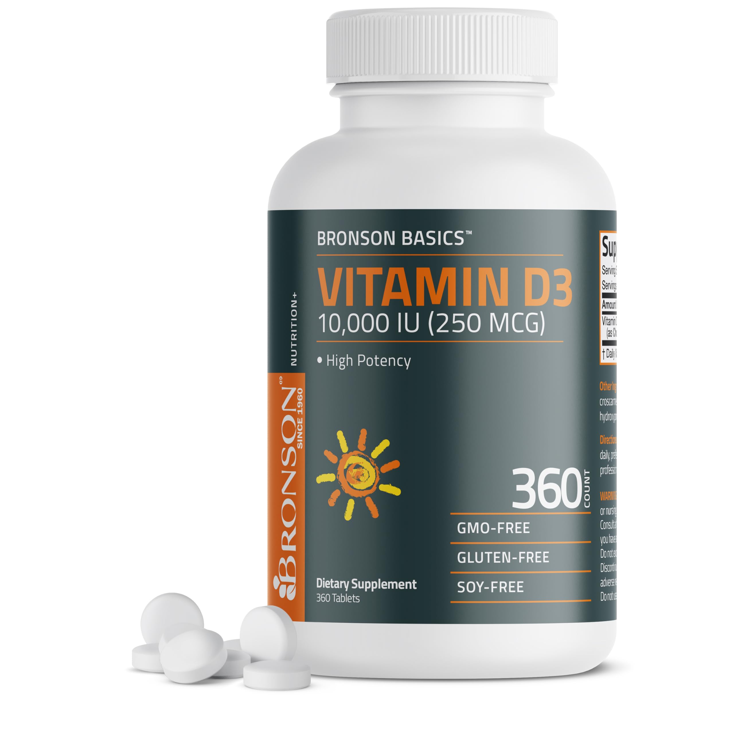 Bronson Vitamina D3 10.000 UI en tabletas para apoyo diario.