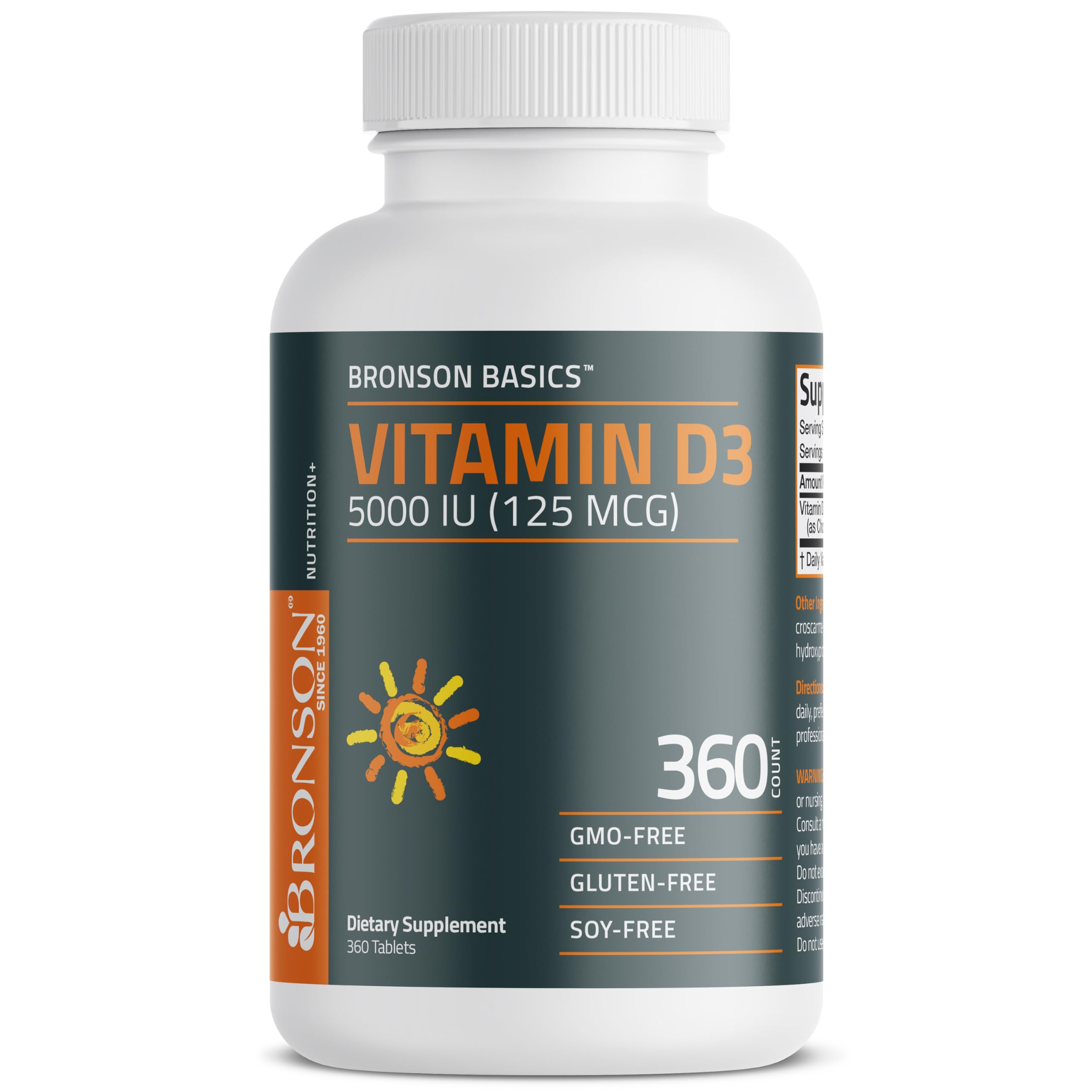 Bronson Vitamina D3 5000IU, tableta, libre de gluten para dietas sensibles