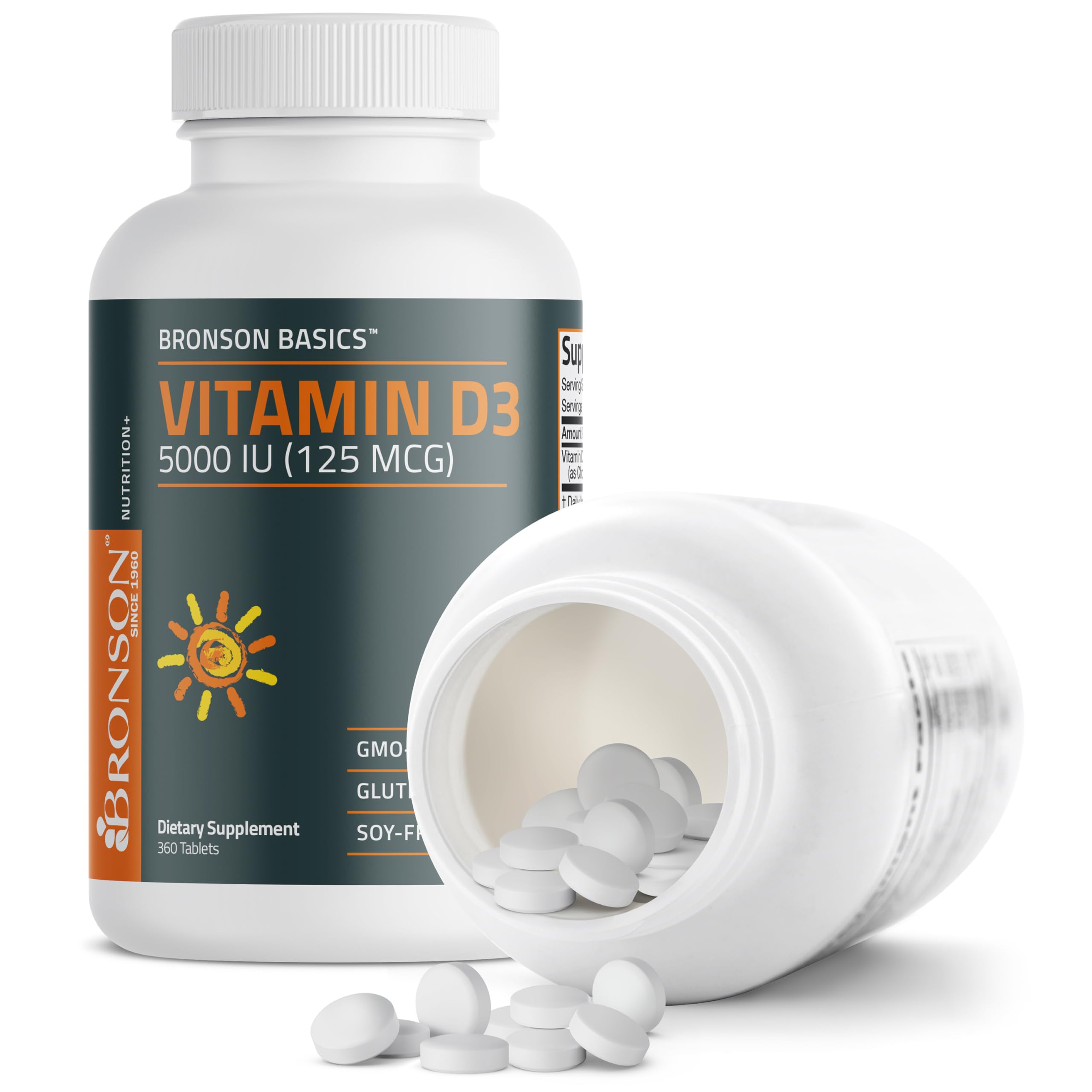 Bronson Vitamina D3 5000IU, tableta, libre de soja para alergias comunes
