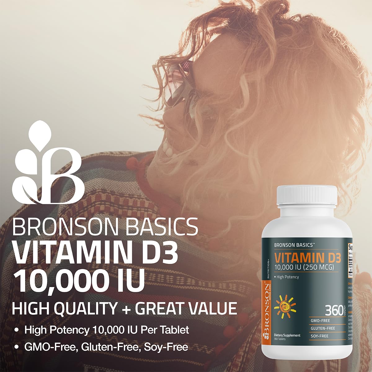 Bronson Vitamina D3 sin OGM y sin gluten para sensibilidades alimentarias.
