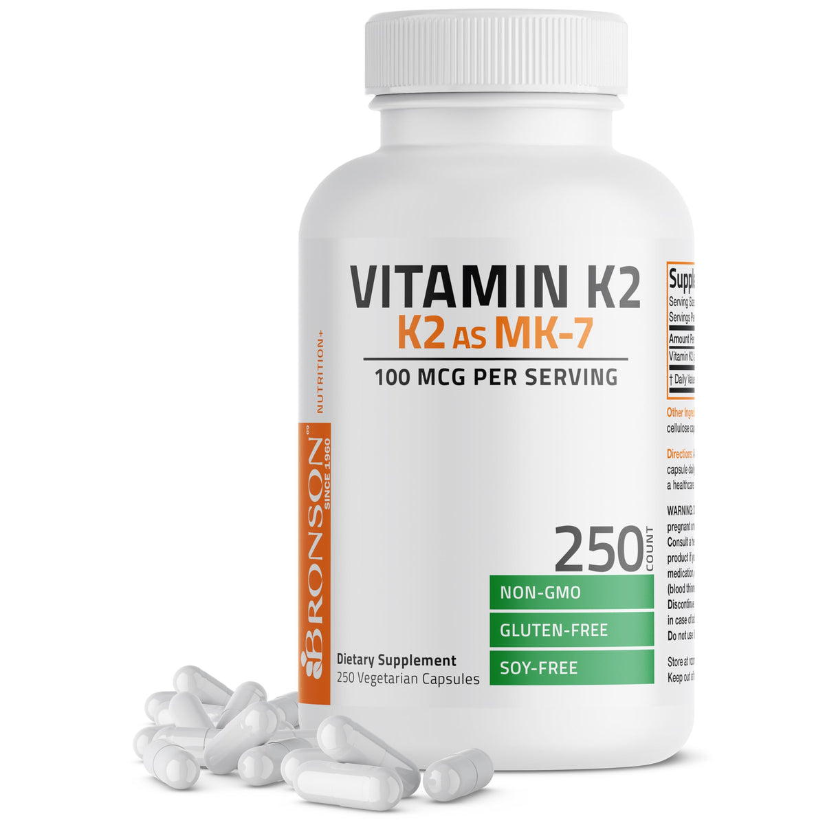 Bronson Vitamina K2 MK-7 100 mcg – botella con cápsulas para soporte óseo