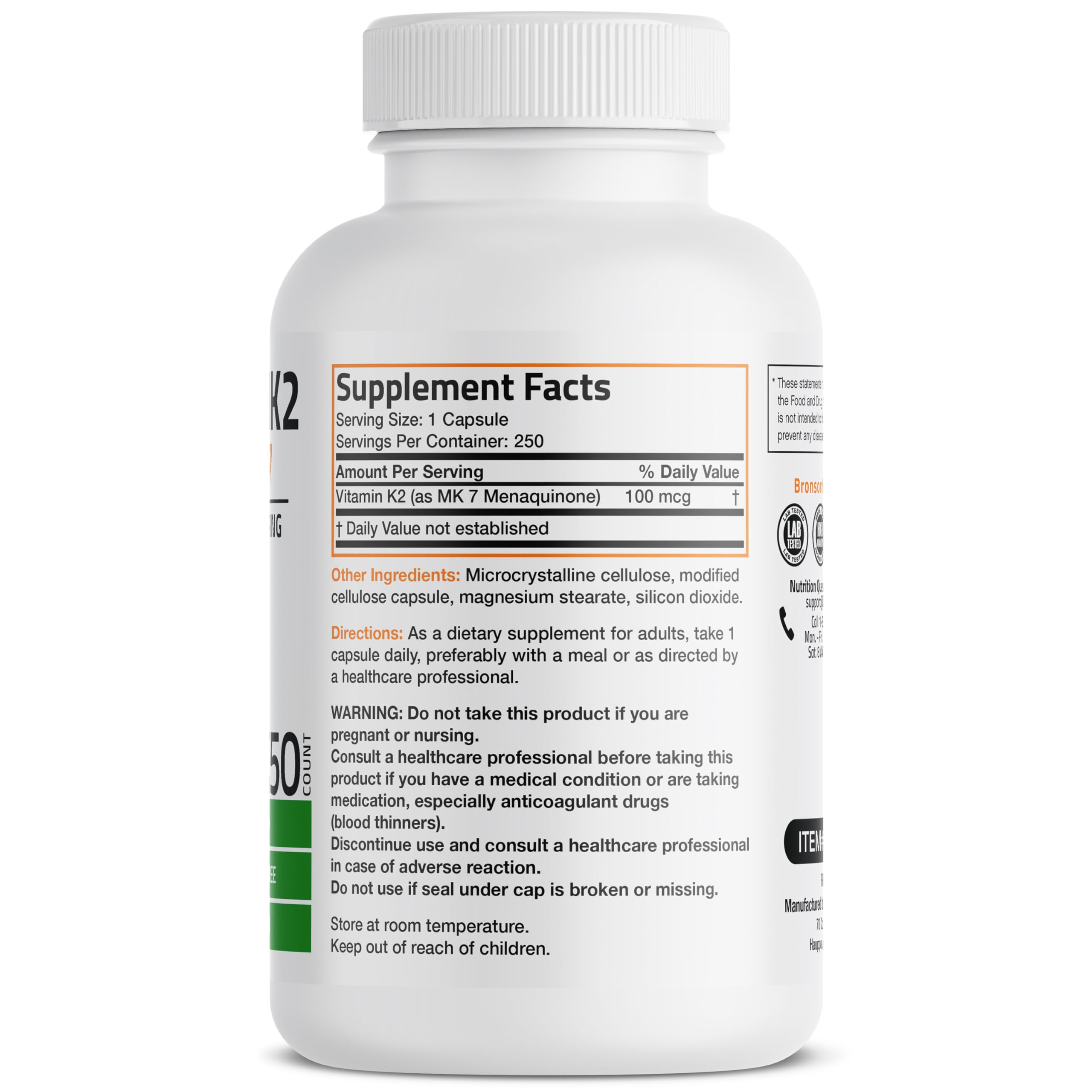 Bronson Vitamina K2 MK-7 100 mcg – etiqueta con información de pureza y formulación