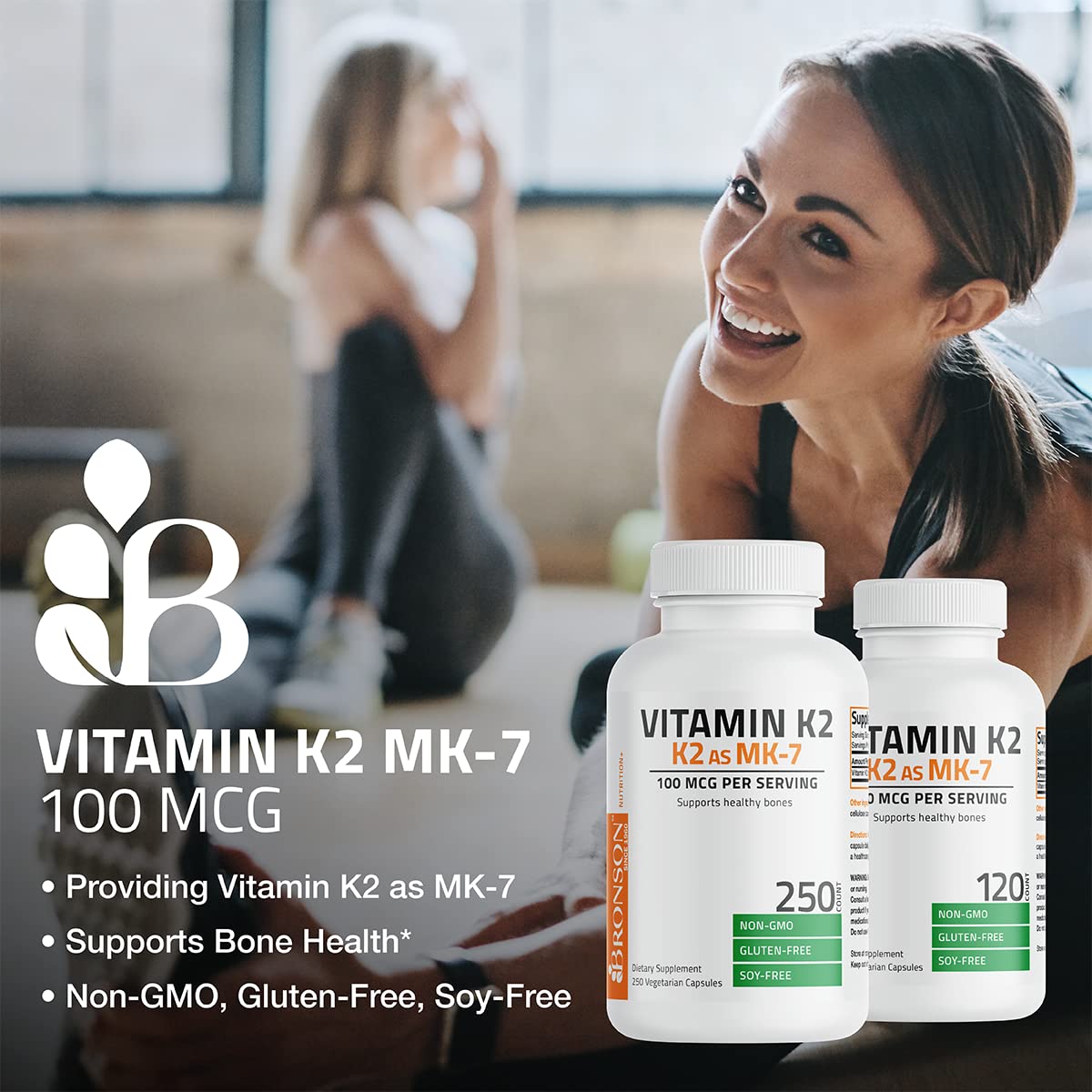Bronson Vitamina K2 MK-7 – caja que resalta calidad sin GMO, gluten ni soja