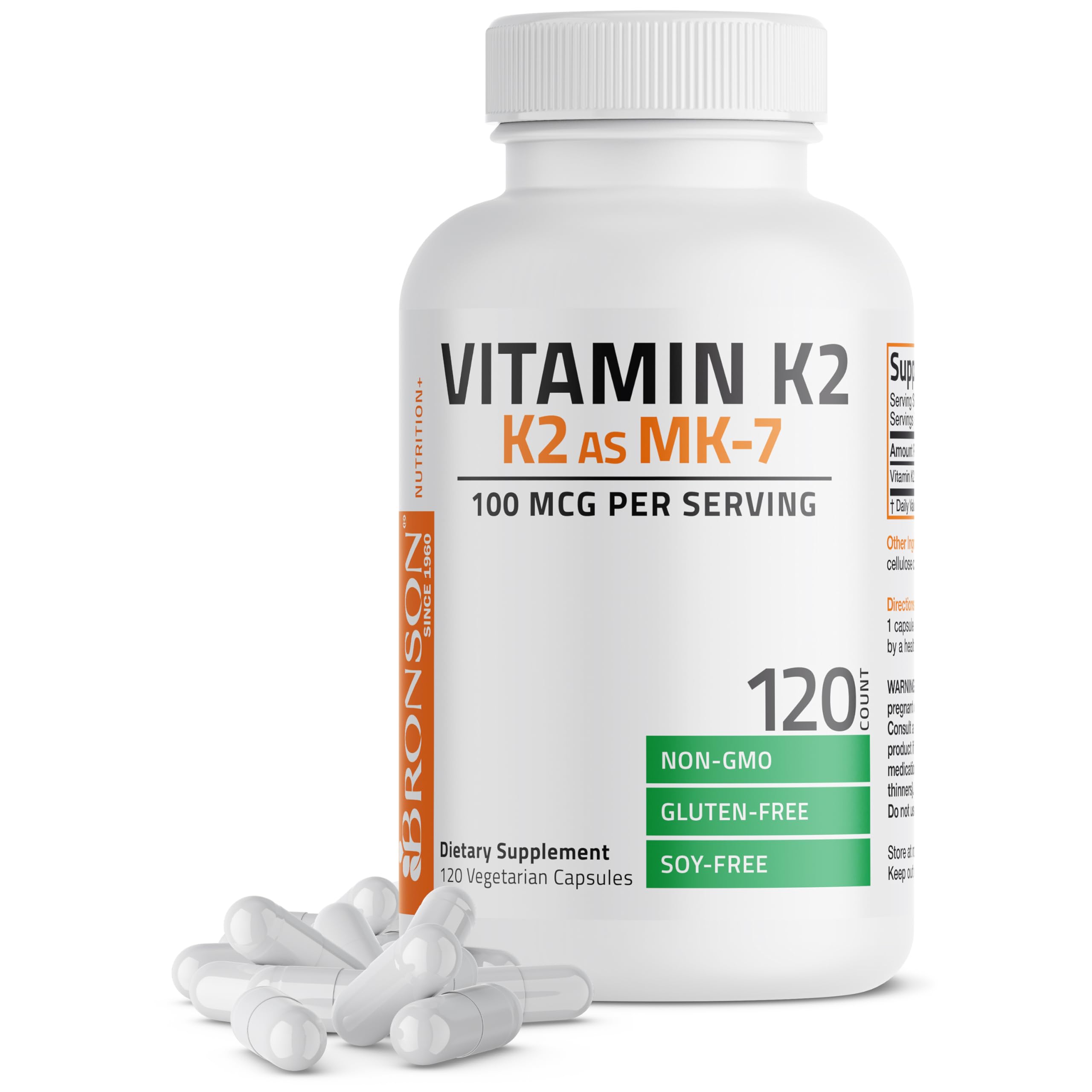 Bronson Vitamina K2 MK-7 100 mcg, botella: posible apoyo a la dirección del calcio hacia los huesos.