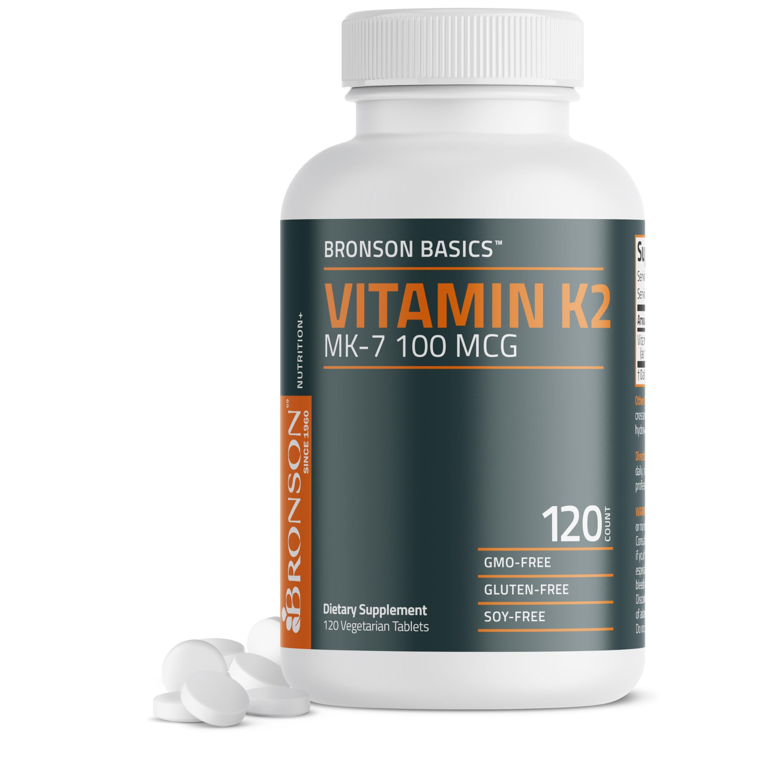 Bronson Vitamina K2 MK-7 100 mcg, botella en primer plano, apoyo potencial a la salud ósea.