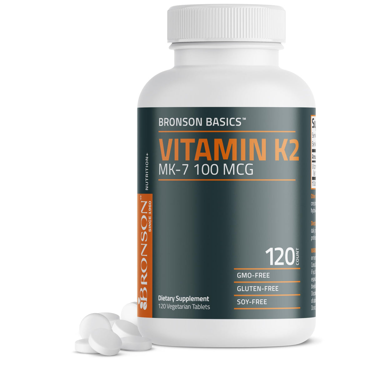 Bronson Vitamina K2 MK-7 100 mcg, botella en primer plano, apoyo potencial a la salud ósea.