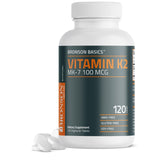 Bronson Vitamina K2 MK-7 100 mcg, botella en primer plano, apoyo potencial a la salud ósea.