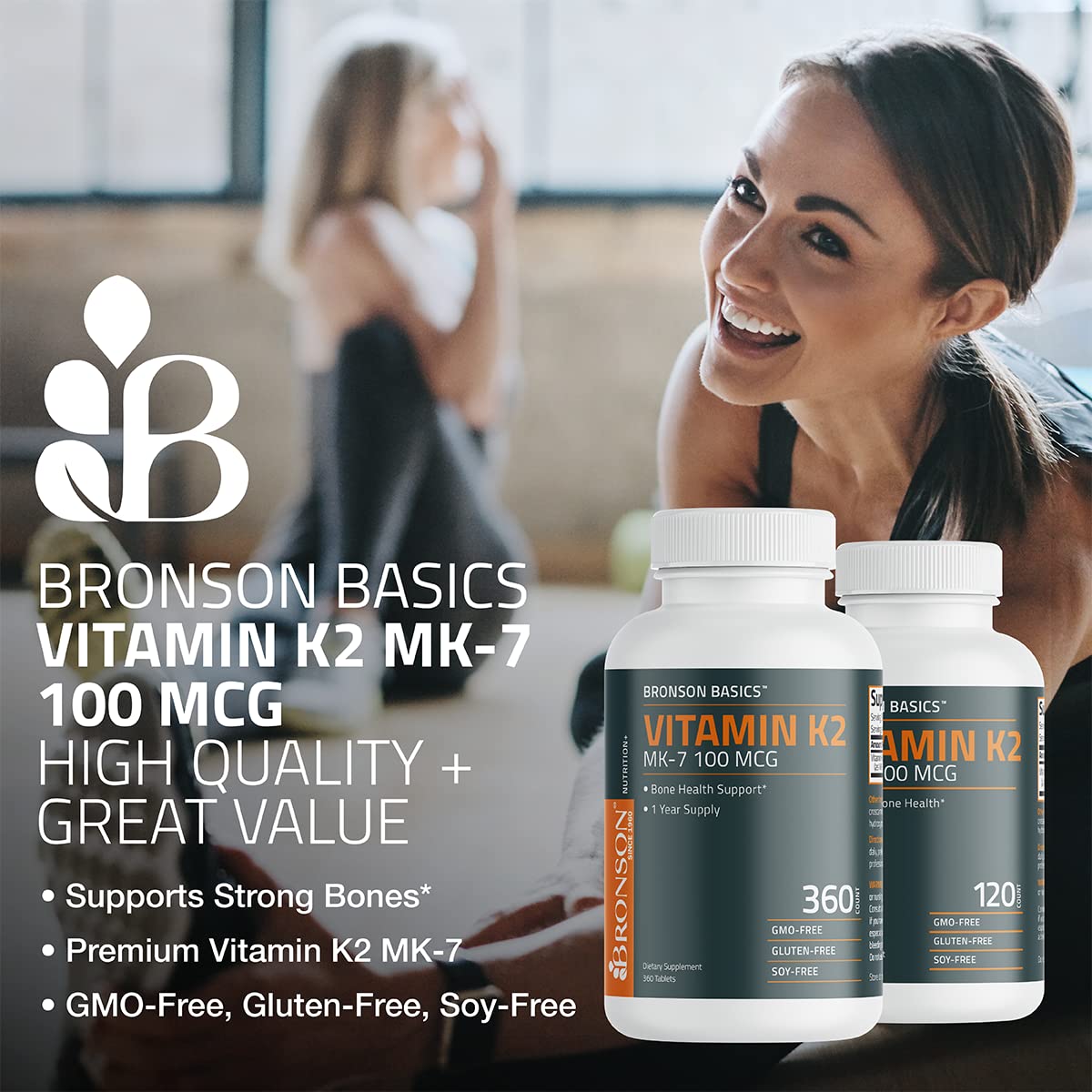 Bronson Vitamina K2 MK-7, etiqueta detallada, información de ingredientes y valores.