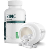 Envase Bronson Zinc 50 mg Complex, 100 cápsulas, conveniente para consumo diario.
