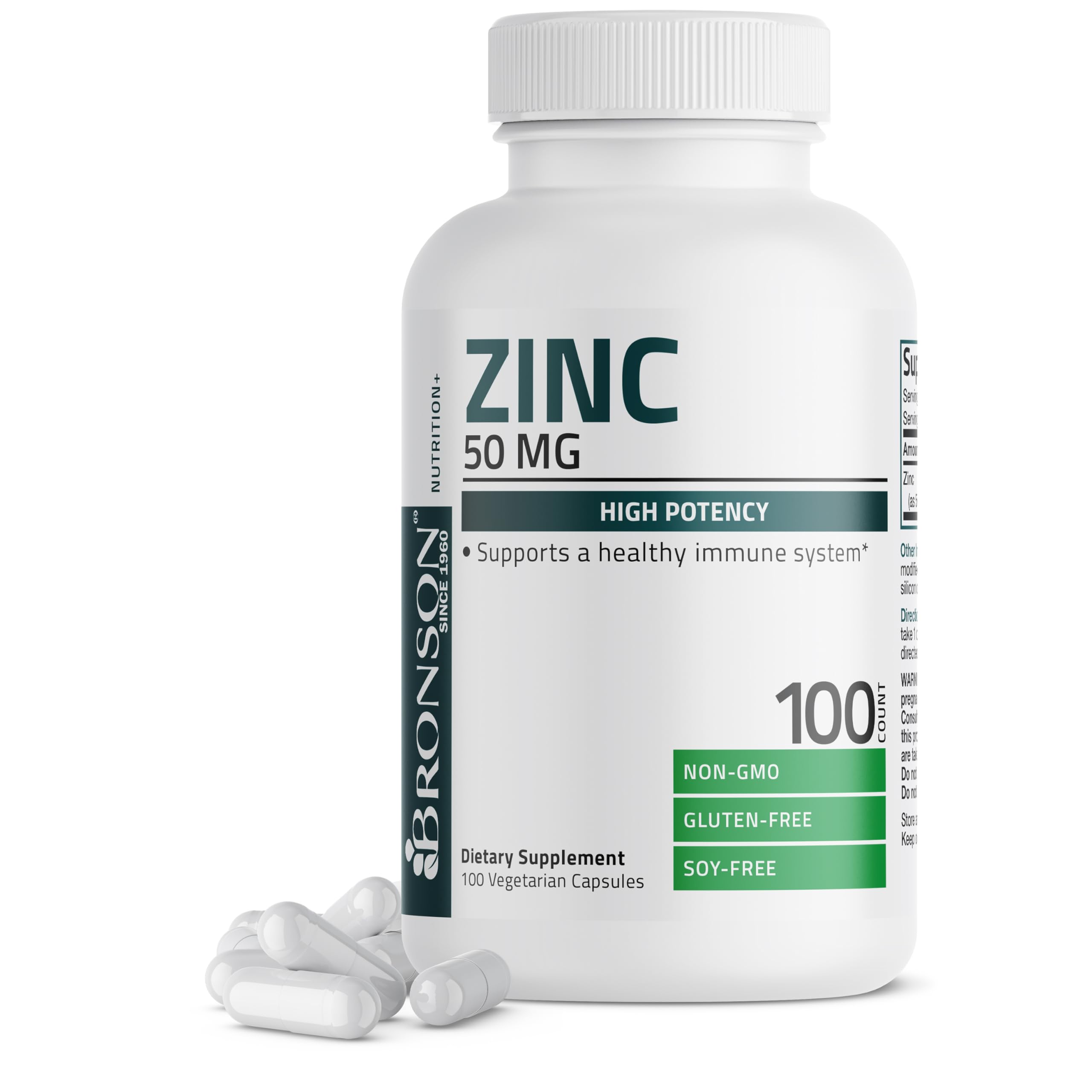 Bronson Zinc 50 mg Complex, frasco visible, posible apoyo al sistema inmune.