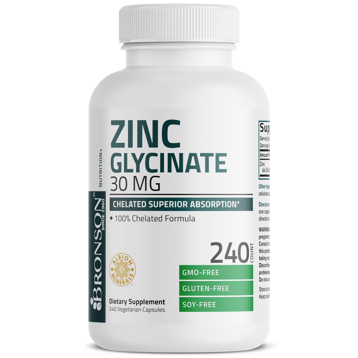 Bronson Zinc glicinato en bote, cápsulas vegetarianas para uso diario.