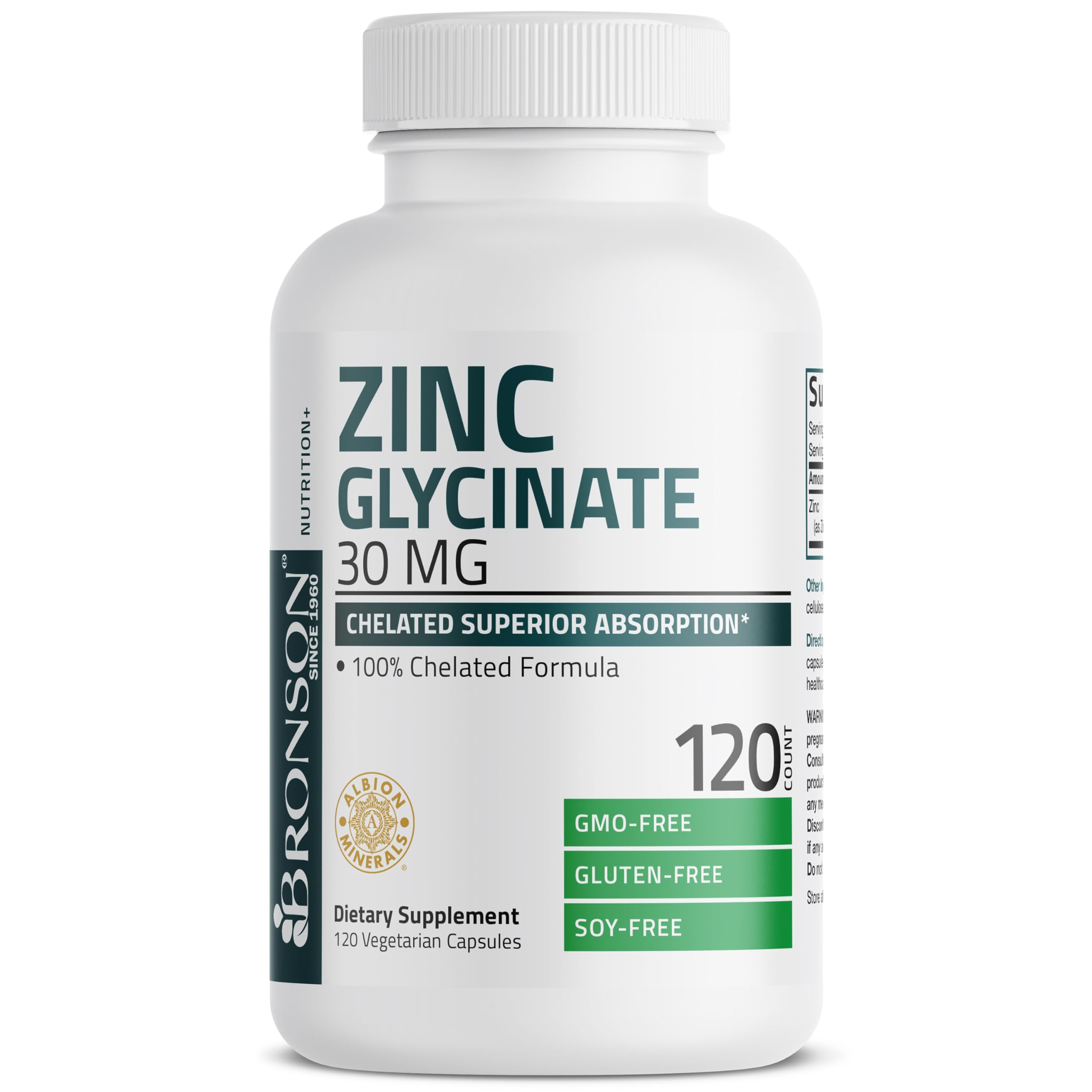 Bronson Zinc Glycinate 30 mg, cápsulas vegetarianas para uso diario
