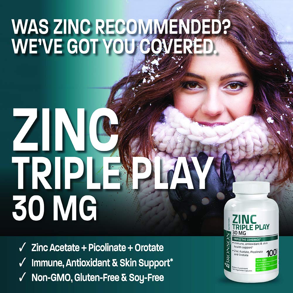Etiqueta de Bronson Zinc Triple Play con componentes clave para salud.