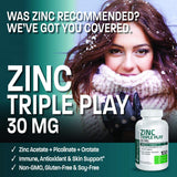 Etiqueta de Bronson Zinc Triple Play con componentes clave para salud.