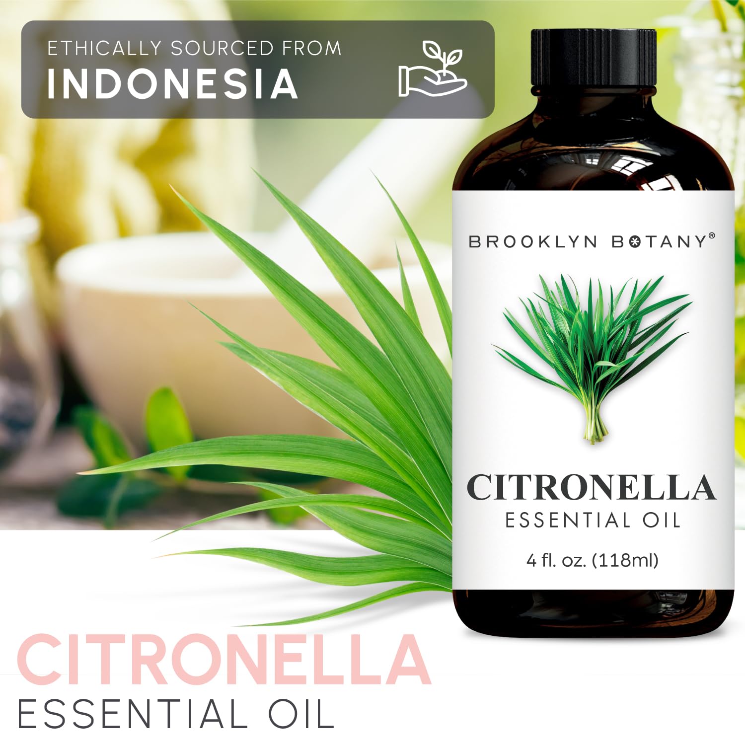 Brooklyn Botany Citronella, etiqueta clara que destaca ingredientes y uso