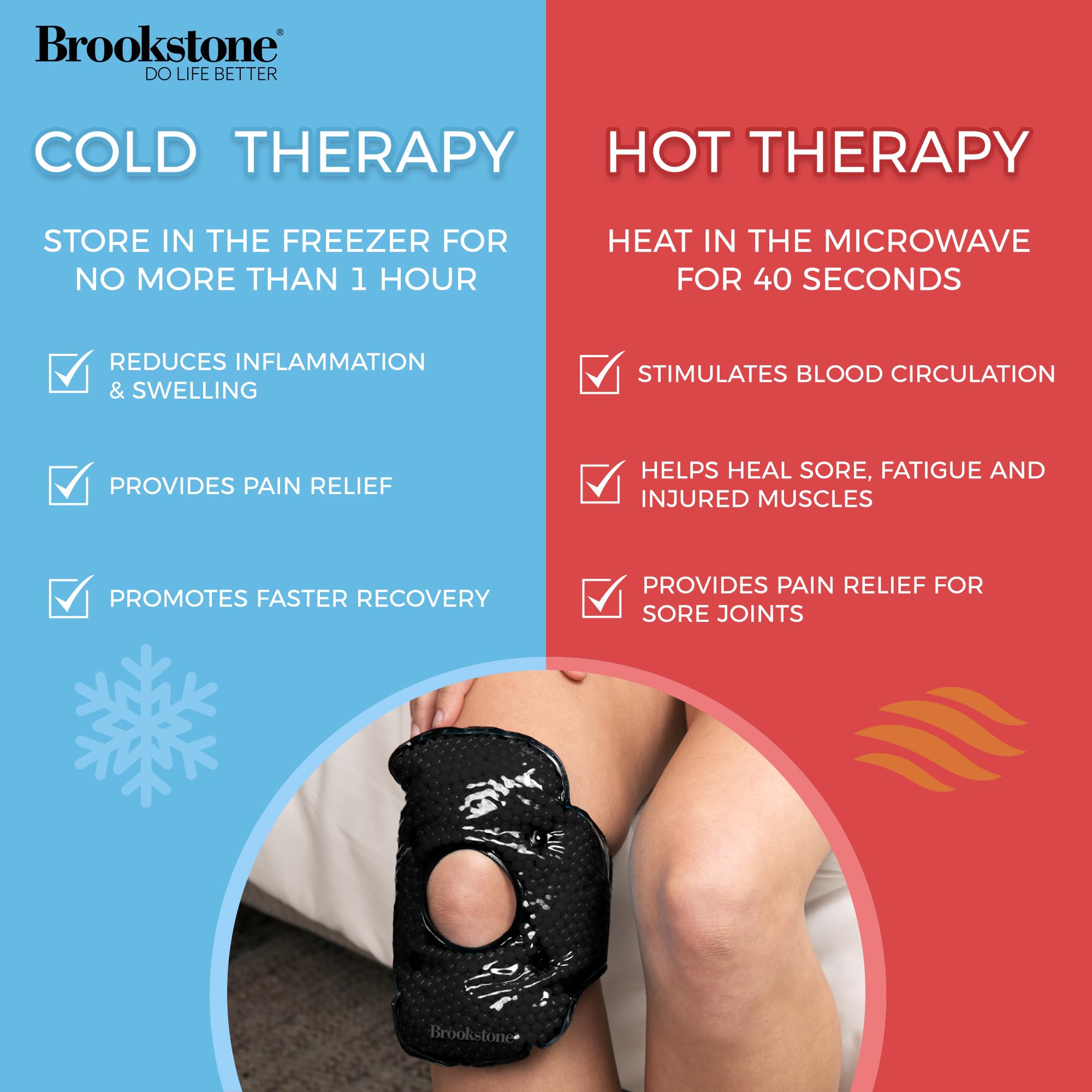 Brookstone doble paquete frío/calor para rodilla, uso rápido.