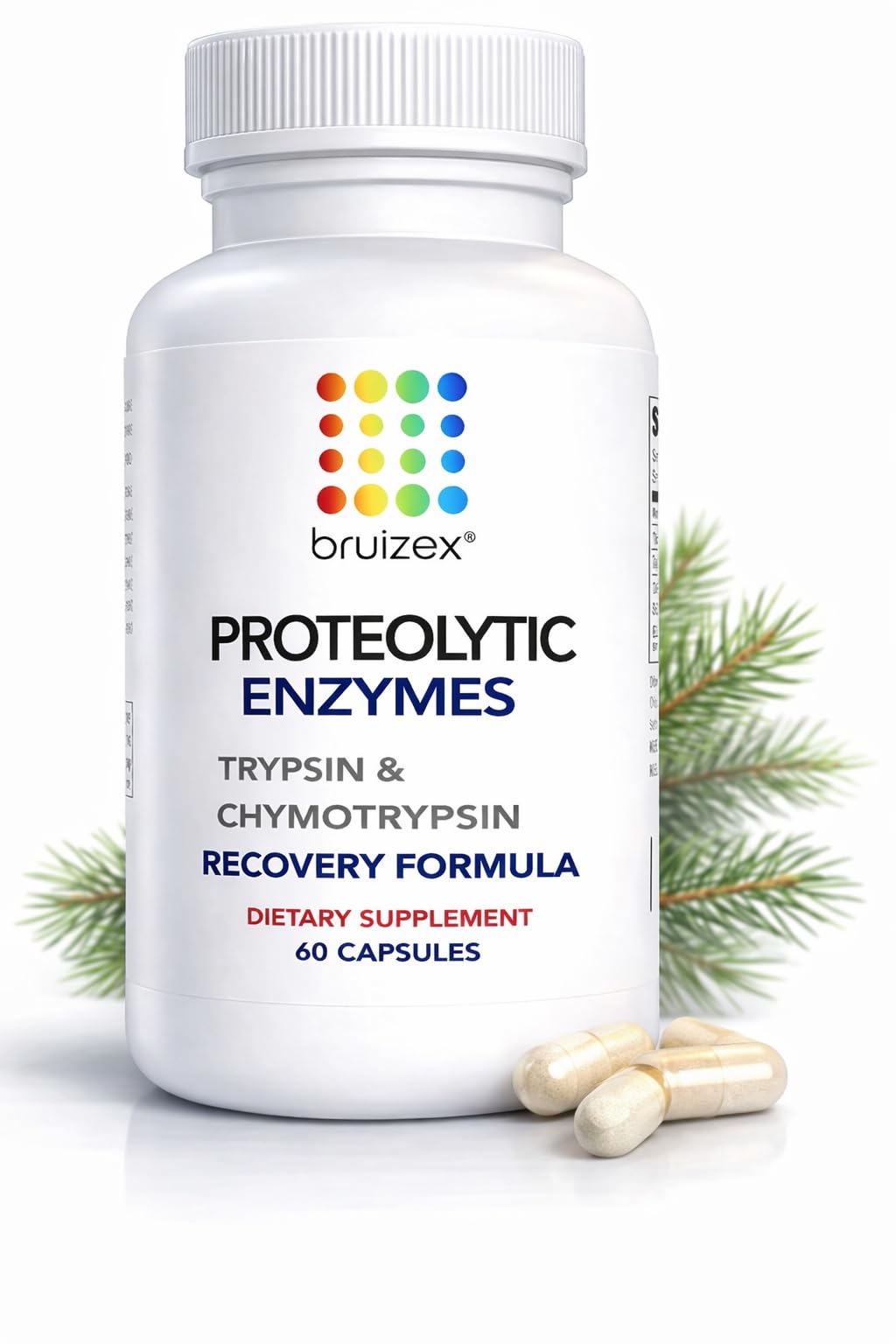 Bruizex cápsulas proteolíticas en botella para recuperación suave.