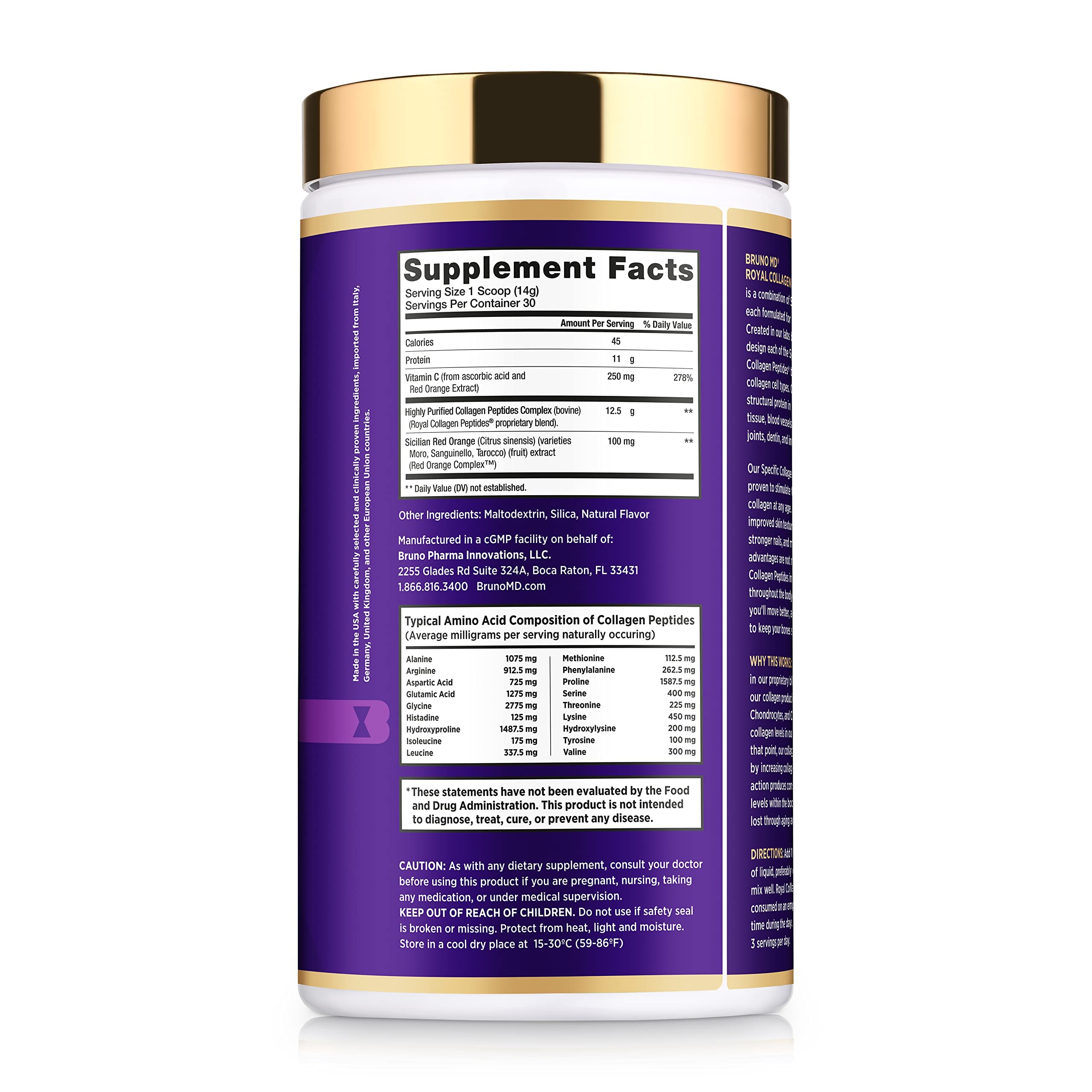 Bruno MD Royal Collagen Peptides vertido en taza con vitamina C