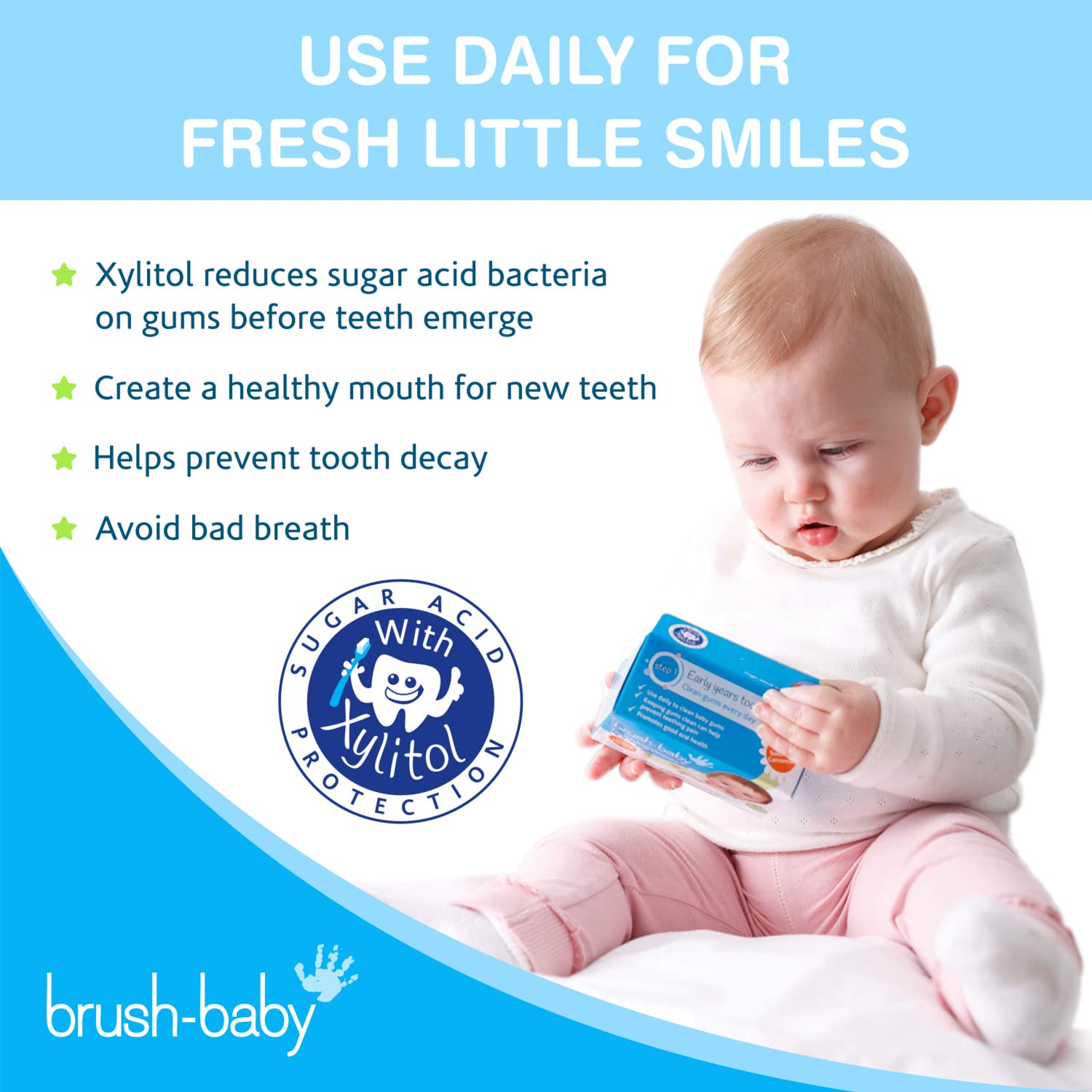 Brush Baby seguridad diaria con formato práctico para salidas y uso en casa.
