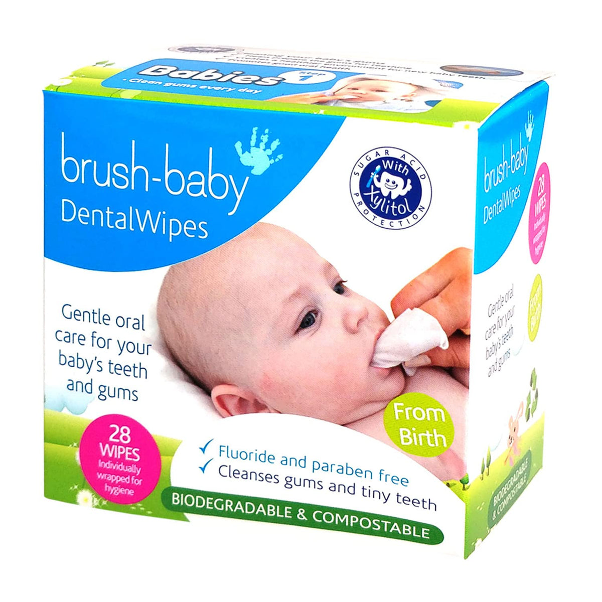Brush Baby toallitas dentales para alivio de dentición y uso cómodo en bebés.
