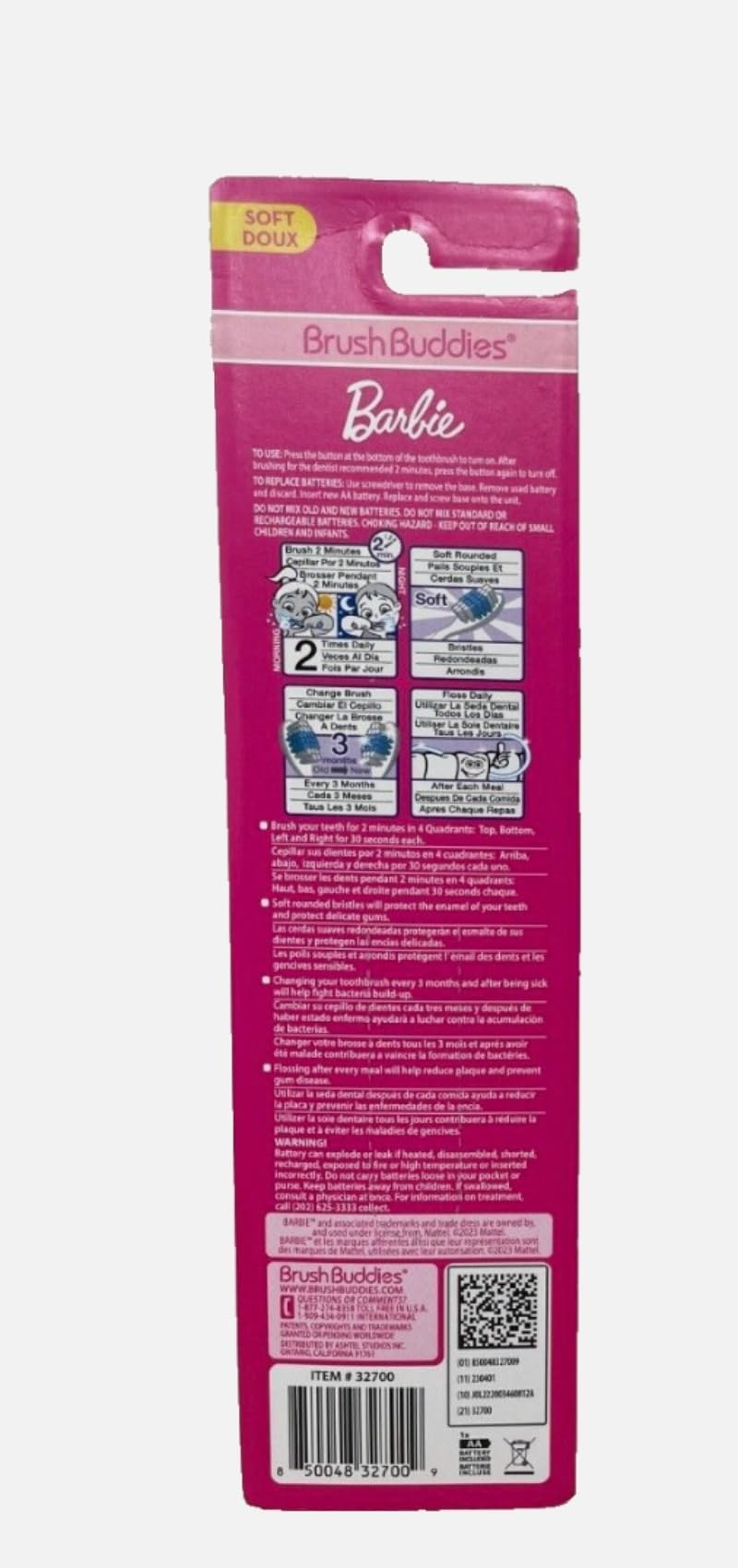 Brush Buddies Barbie, cerdas suaves para dientes y encías sensibles de niños.