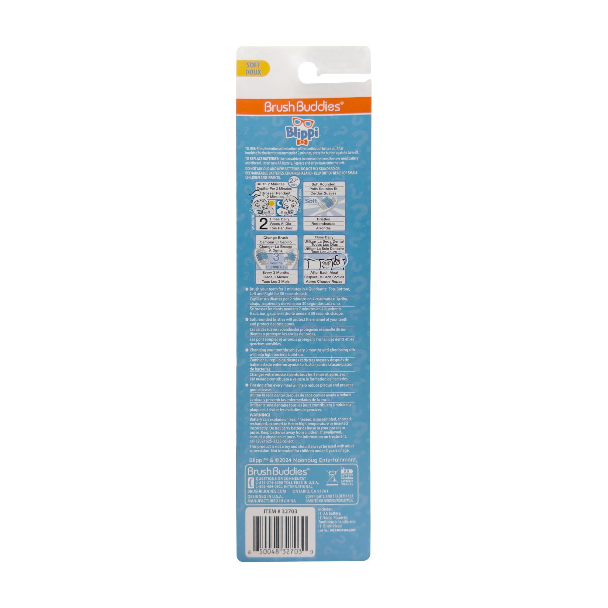 Brush Buddies Blippi batería AAA incluida, uso inmediato y sencillo.