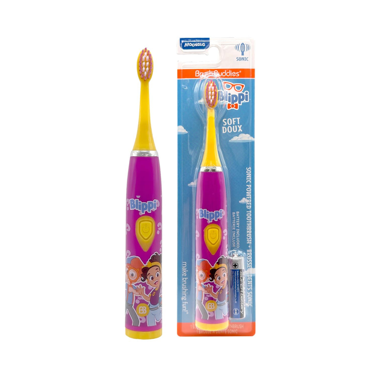 Brush Buddies Blippi cepillo eléctrico para niños, vista frontal, ideal para motivar el cepillado diario.