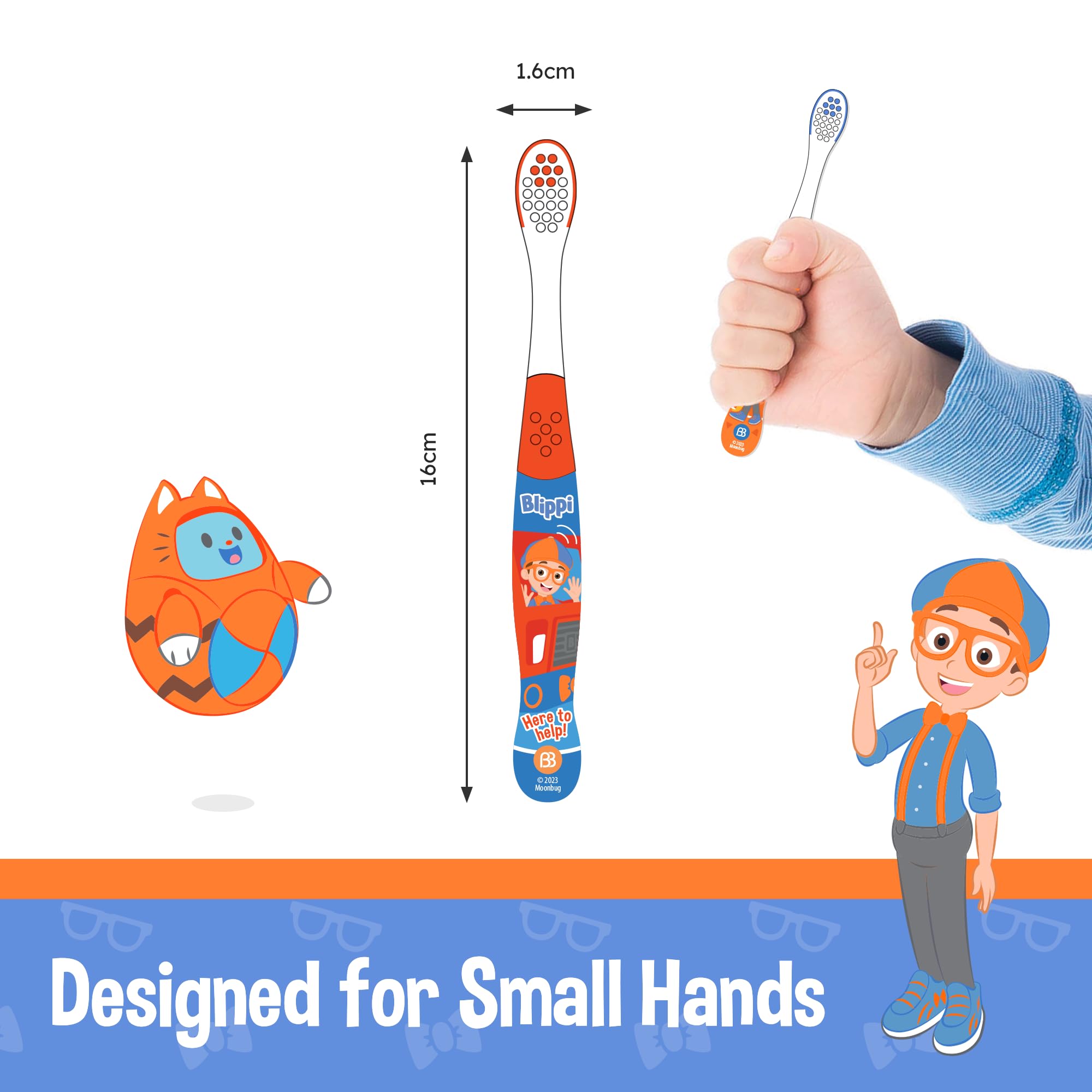 Agarre cómodo para manos pequeñas con Brush Buddies Blippi.